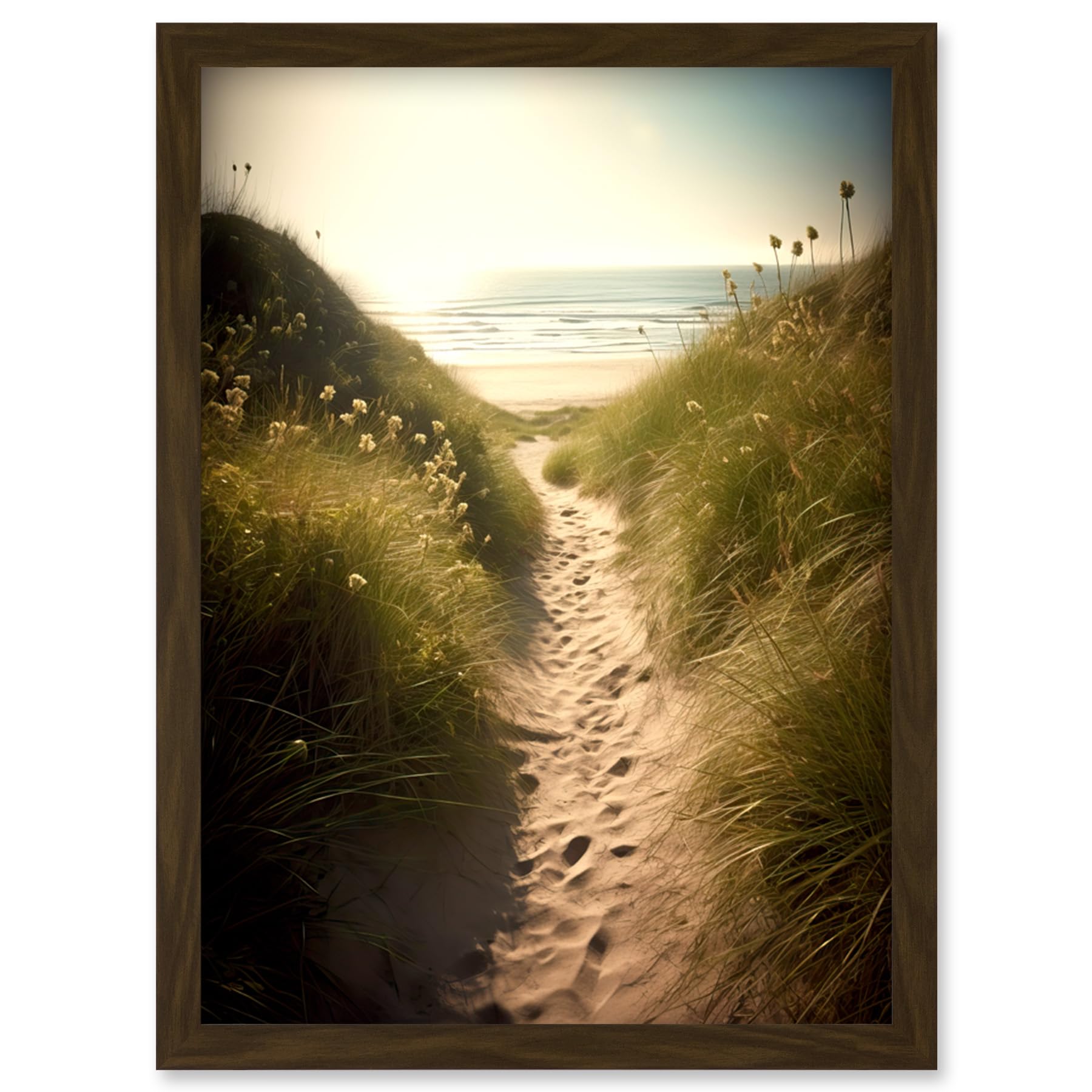 Artery8 Summer Beach Path Photograph Bright Sunny Sandy Coastal Landscape Seascape Artwork Framed Wall Art Print A4
