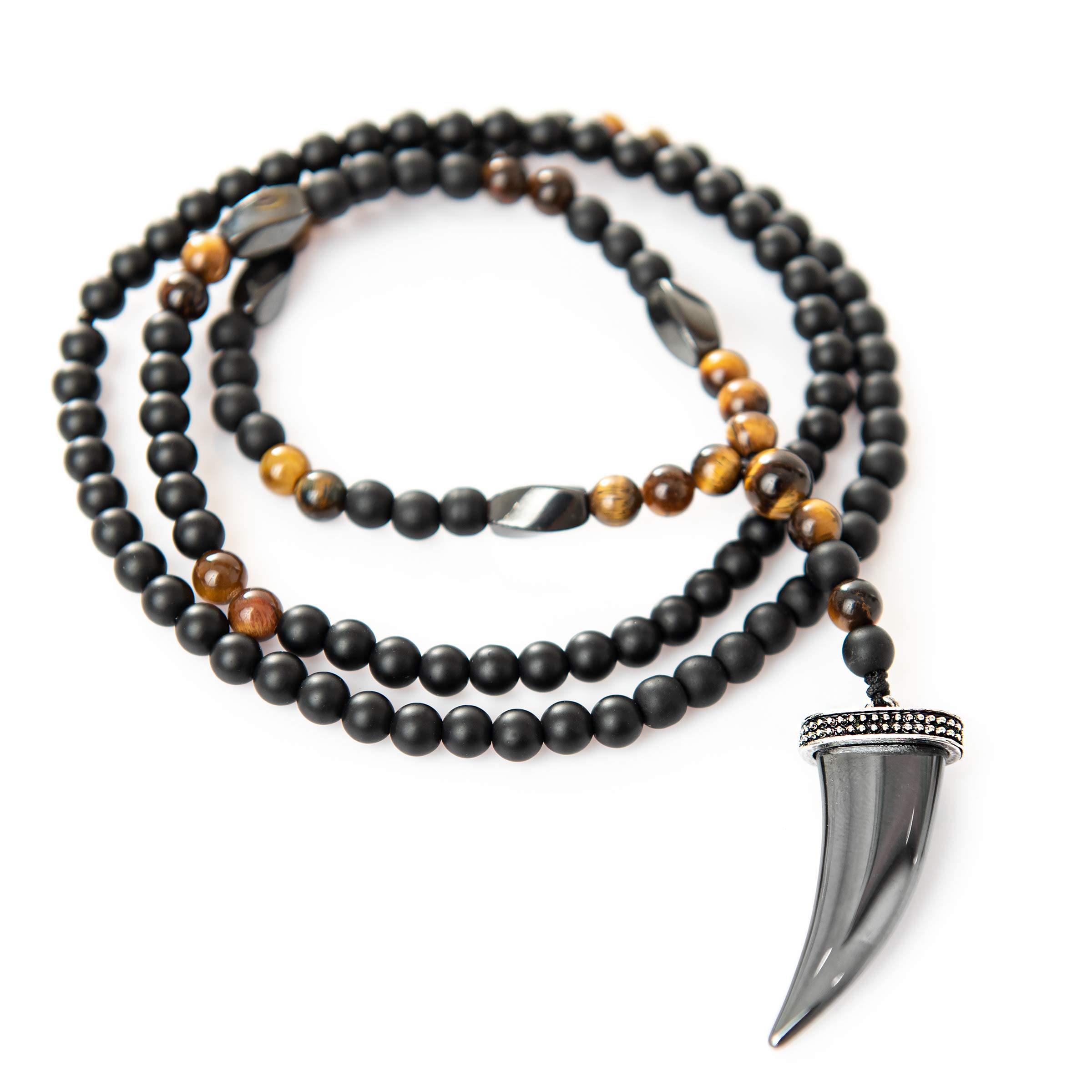 Perla Style Collar Largo para Hombre,Colgante con Hematita Uña de Leon Collar Surfero de Piedras Negras de ónix Mate y Ojo de Tigre de 6mm (Ojo de Tigre Hematita)