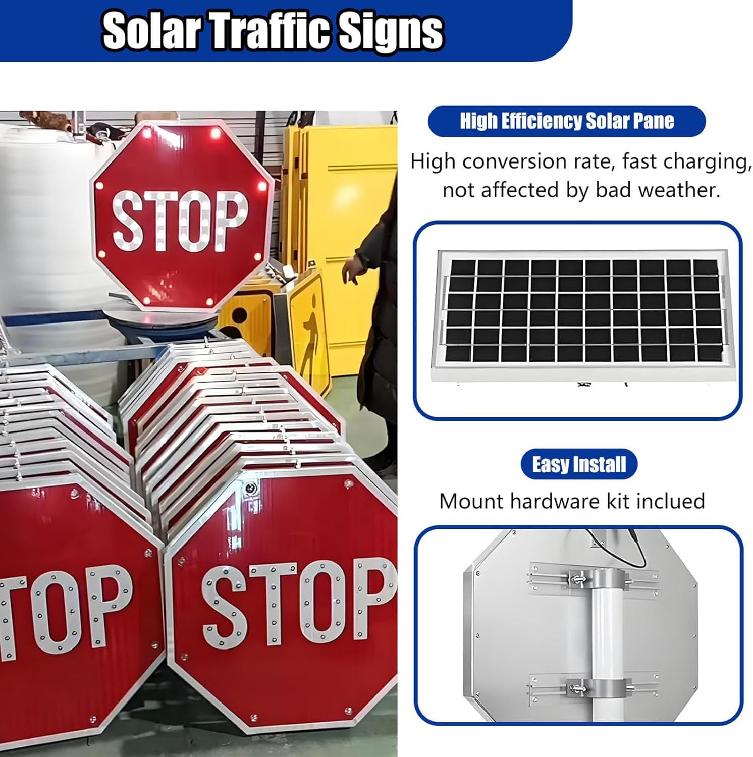 30" Solar-Powered LED Stop Sign - Blinking Traffic Warning Light for Outdoor Streets, Energy-Efficient Safety Sign for Vehicles and Pedestrians, Always On Visibility