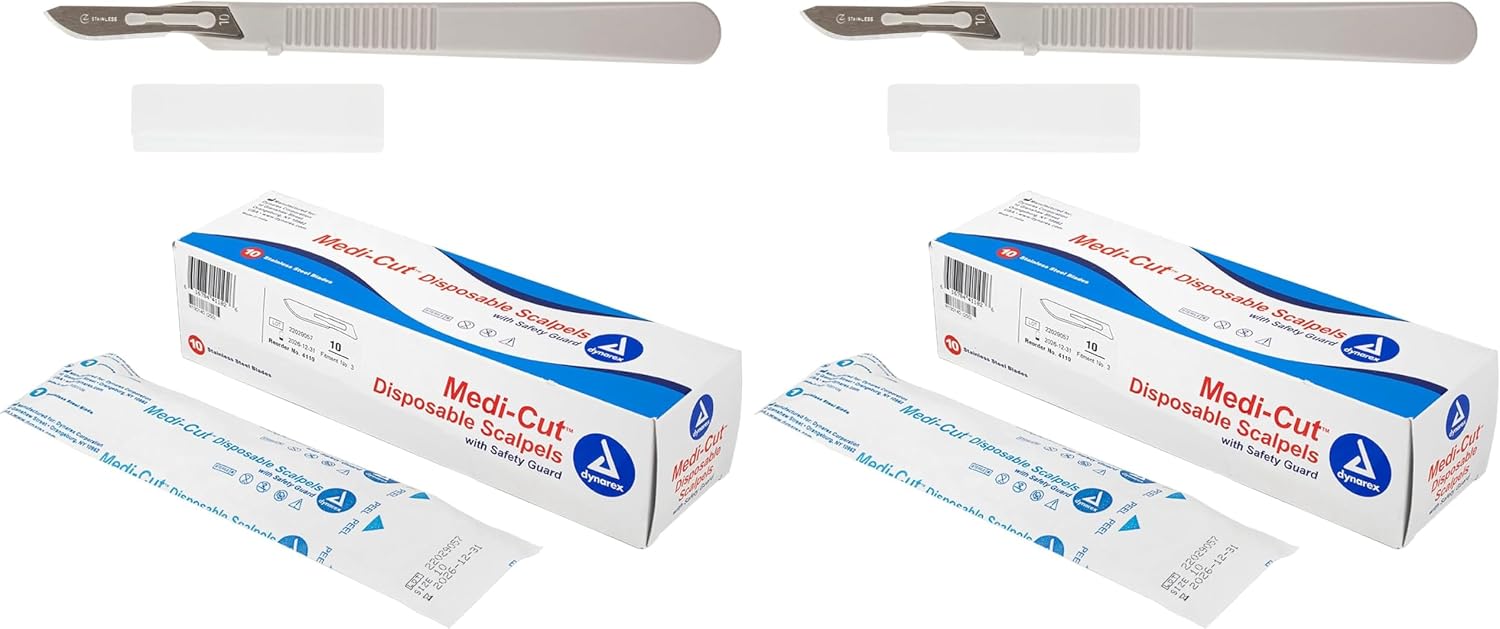 Dynarex Medi-Cut Disposable Scalpel Blades - Sterile Knives With Plastic Guard - 4.9-inch Plastic Handle, Stainless Steel Blade - Size 10 (Pack of 2)