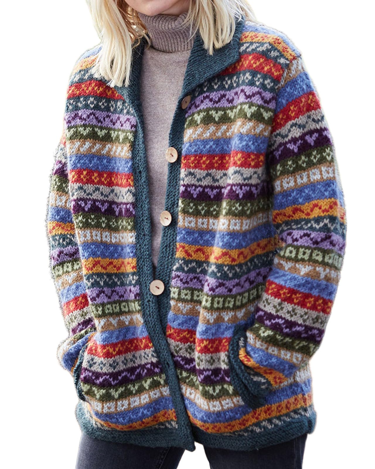 CHARTOU Womens Vintage Fair Isle Knit Cardigan Oversized Boho Floral Knitted Sweater Jacket with Pockets