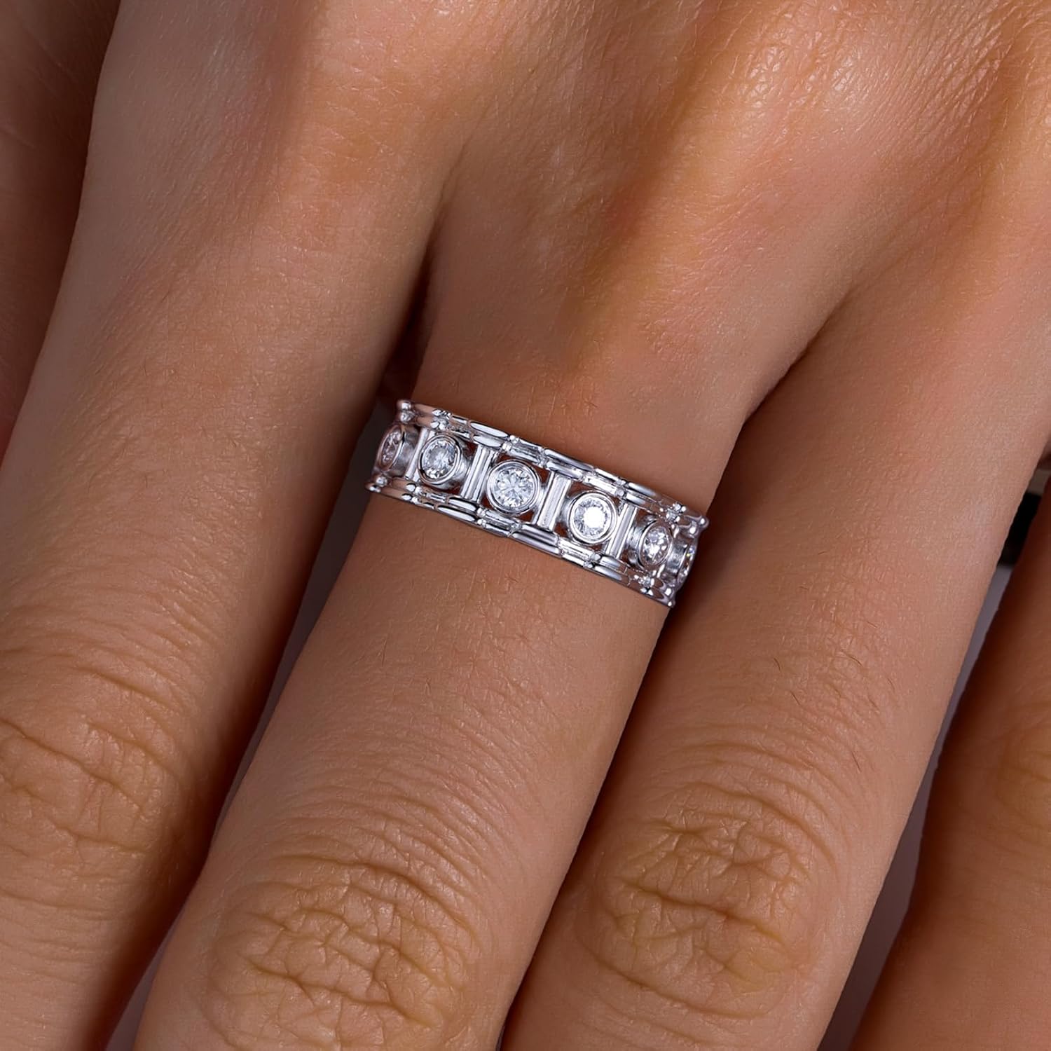 AnuClub Moissanite Wedding Ring Wedding Band D Color VVS1 925 Sterling Silver 2.5/3mm Roman Column Retro Eternity Promise Engagement Anniversary Band Ring for Men Women Couples with Certificate - Image 5