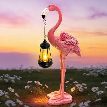 Flamingo Solar Garden Statue, 18.9 Inch Flamingo Figurine with Hanging Solar Lanterns, Outdoor Garden Decor Tropical Sculpture Statues for Patio Yard Porch, Birthday Gifts for Mom Women Mothers Day