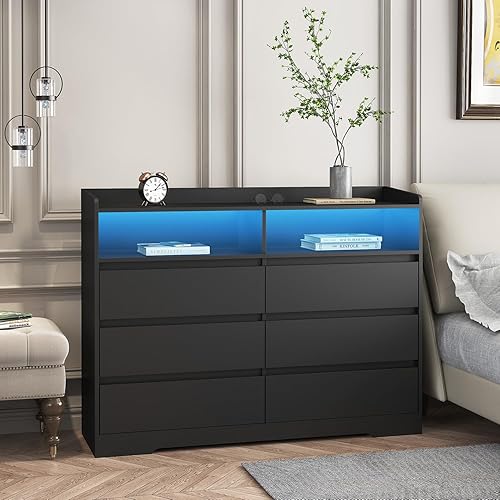 Miniatura 5 de Angel Sar Cómoda blanca de 6 cajones con luces LED, cómoda LED de 51 pulgadas para dormitorio, 2 espacios abiertos, cómoda, cómoda de TV,