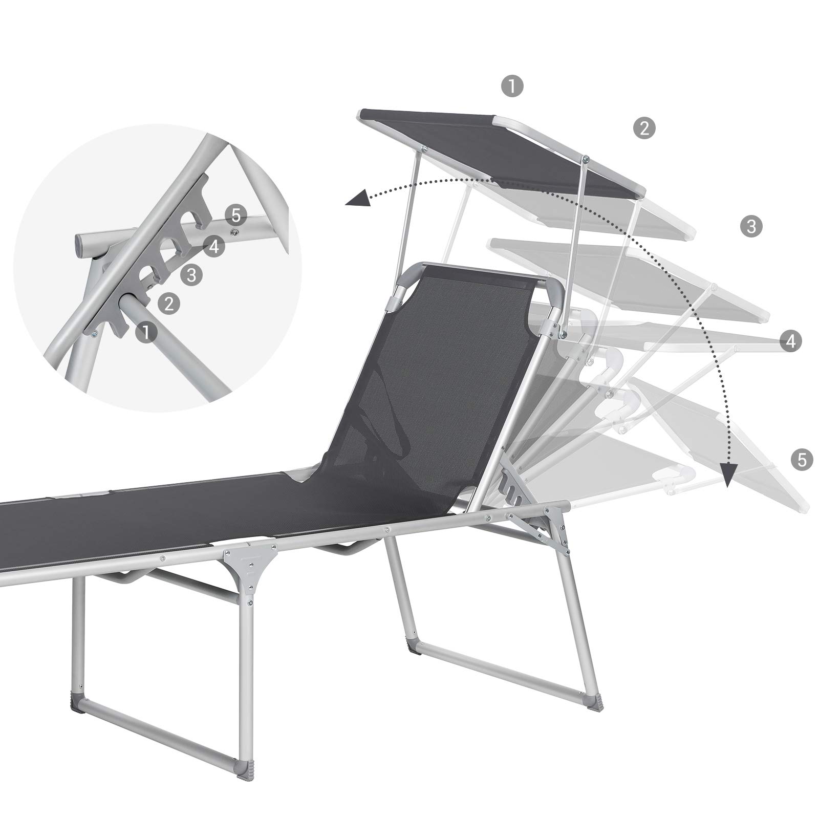 SONGMICS Sonnenliege mit Dach, Liegestuhl, Gartenliege, Aluminium, groß, 65 x 200 x 48 cm, bis 150 kg belastbar, Rückenlehne verstellbar, klappbar, Garten, Balkon, Terrasse, grau GCB26GY