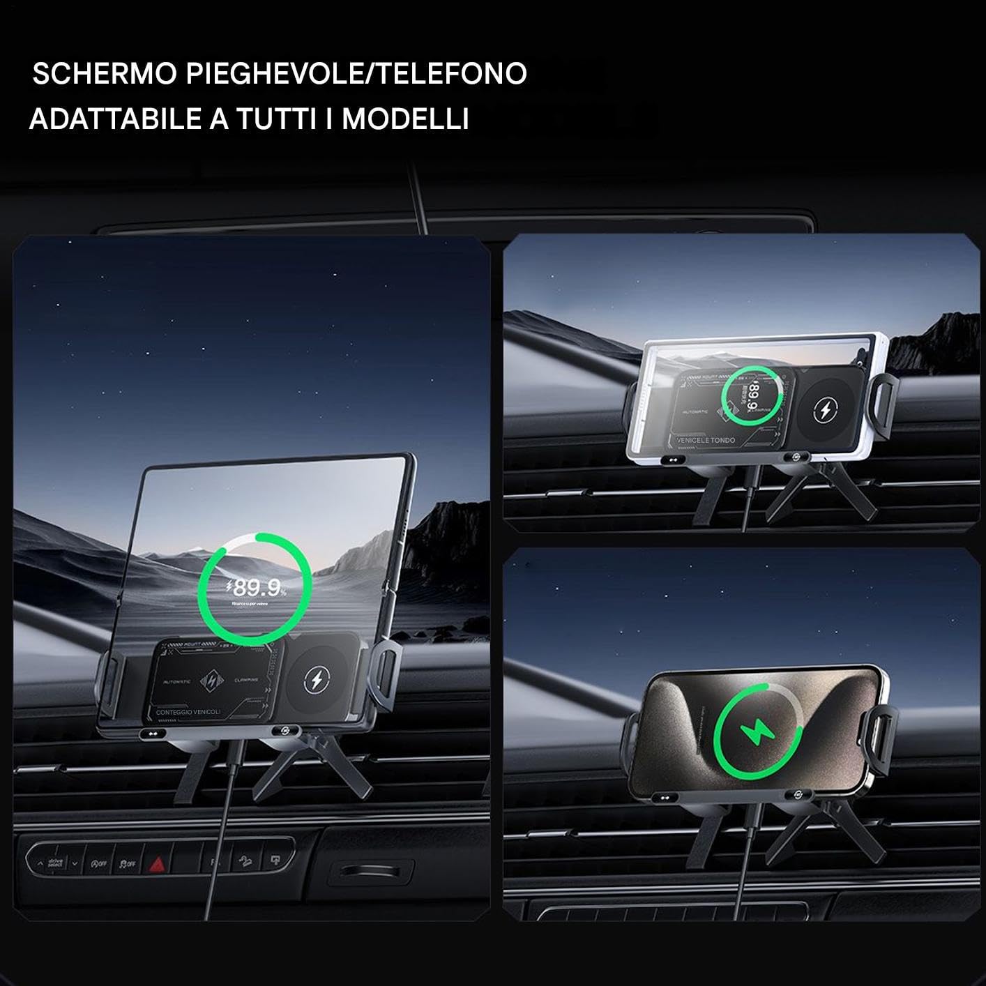 Caricatore Wireless Auto Supporto Telefono per Veicoli | Supporto Smartphone Piegevole, Ricarica 15W Doppia Bobina per Auto