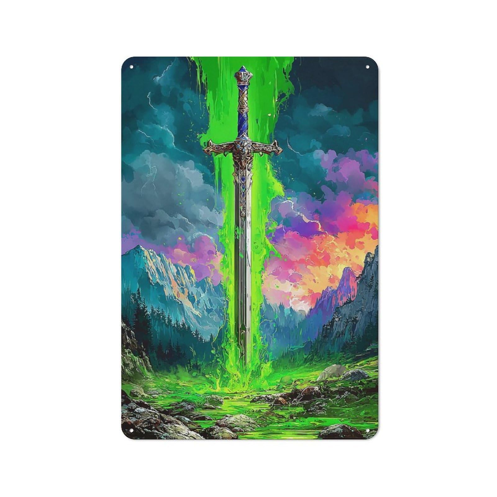 Junmoney Sword In The Stone Fantasy Landscape Retro Metal Sign 30X20cm, Garage Style Shed Wall Plaque For Garage, Hobby Room, Office Or Man Cave