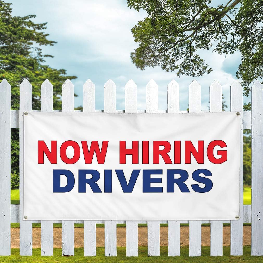 Vinyl Banner Multiple Sizes Now Hiring Drivers Red Blue Business Outdoor Weatherproof Industrial Yard Signs 8 Grommets 48x96Inches