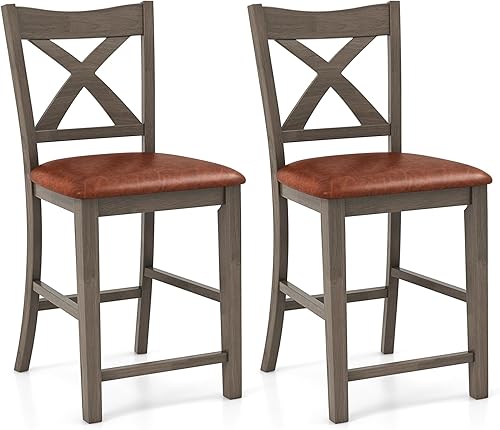 Giantex Juego de 2 taburetes de bar de 24 pulgadas, taburetes de bar altura de mostrador con respaldo cruzado y asiento tapizado de piel sintética,