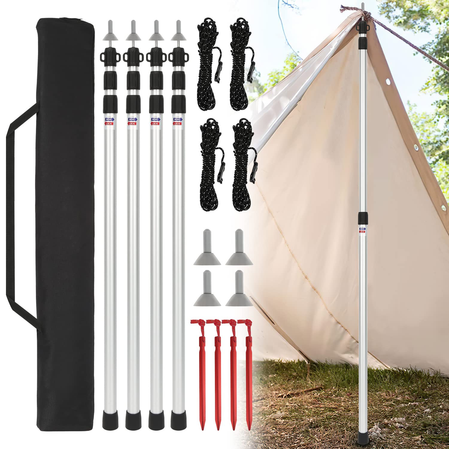 Daromigo Lot de 4 mâts télescopiques en aluminium Télescopique réglable 90-230 cm Tiges télescopiques de tente avec sac de rangement pour auvent caravane camping bâches