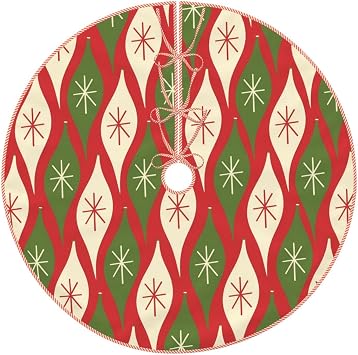 Christmas Tree Skirt, Mid-Century Retro Vintage Christmas Ornaments Rustic Farmhouse Red and Green Xmas Tree Mat, Indoor Outdoor Holiday Party Decor 30"