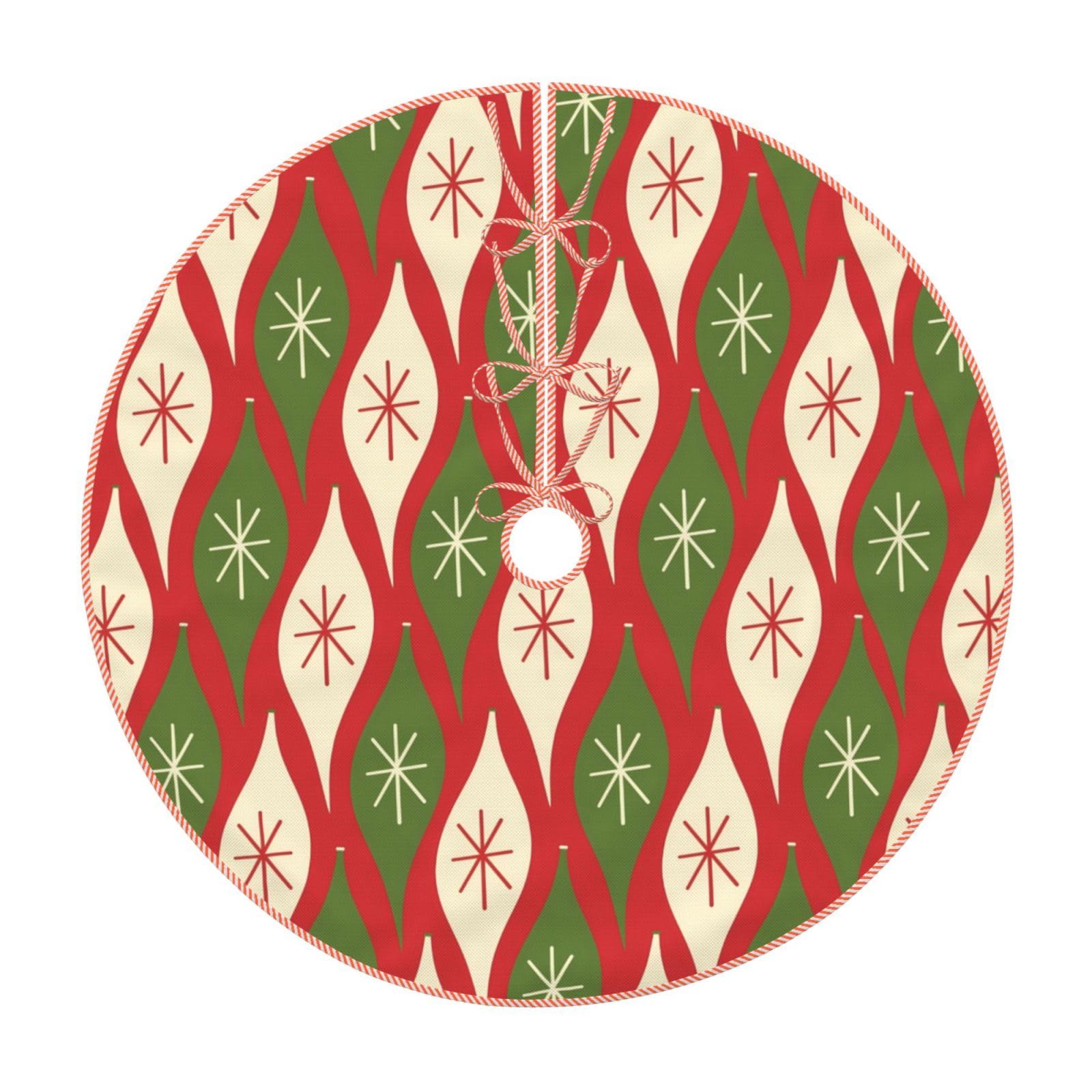 Yssammns Christmas Tree Skirt, Mid-Century Retro Vintage Christmas Ornaments Rustic Farmhouse Red and Green Xmas Tree Mat, Indoor Outdoor Holiday Party Decor 36