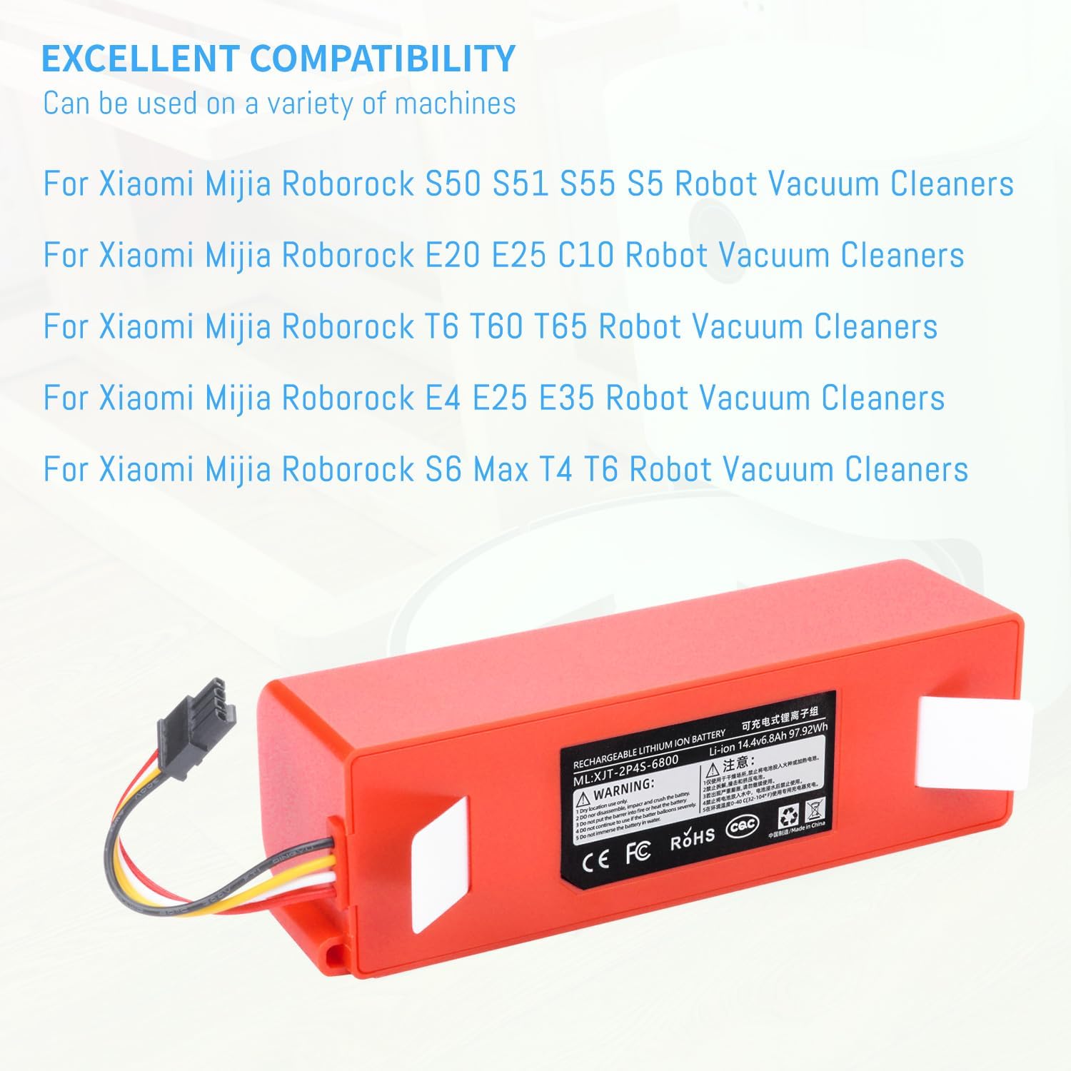 Vacuum Robot Cleaner Battery Replacement for Xiaomi Mijia Roborock S50 S51 S55 S5 C10 E20 E25 E4 T6 T60 T65 S55 S6 E25 E35 S6 Max T6 T4 14.4V/6800mAh