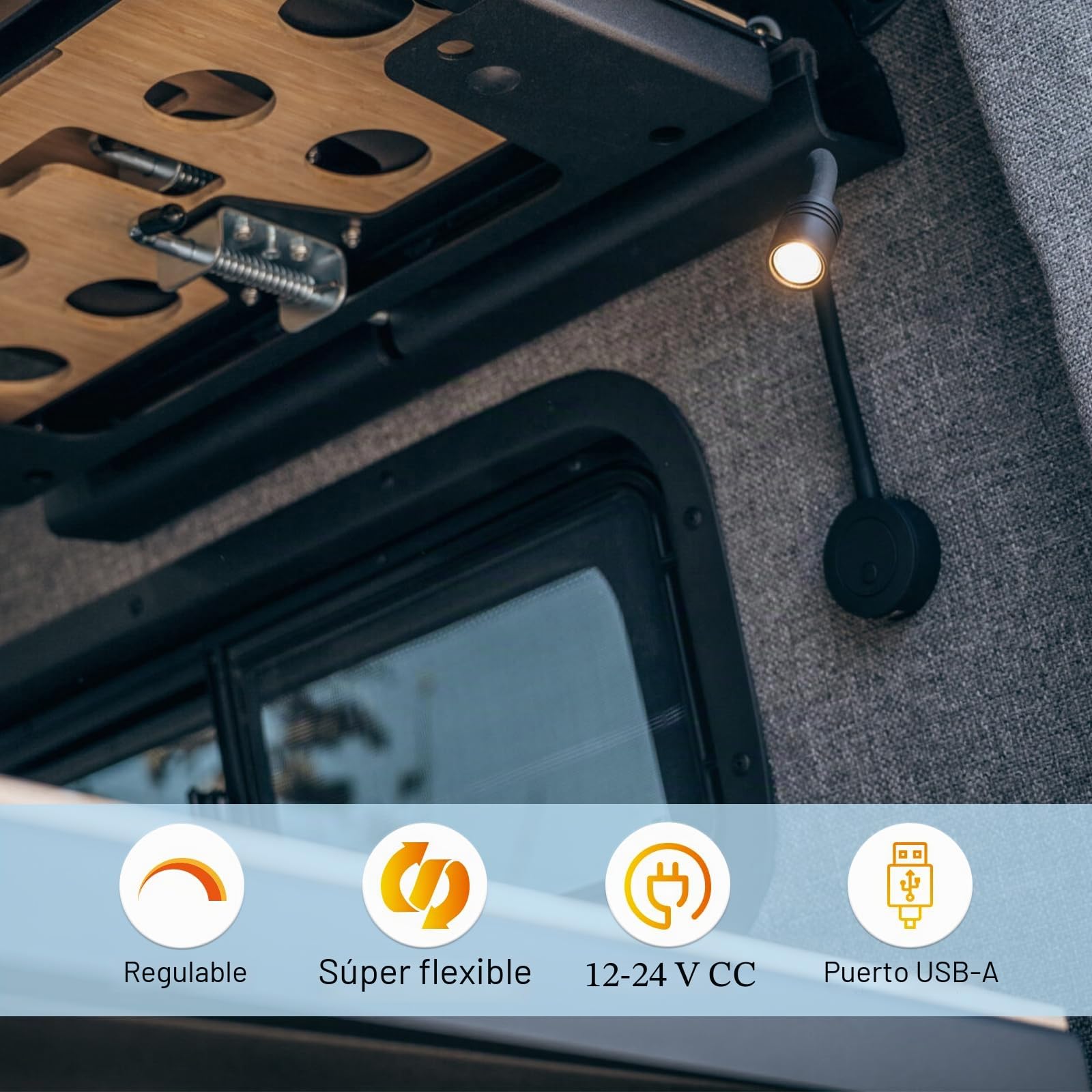 Lámpara de lectura LED 12V Camper Junto a la Cama 24V pared regulable flexible cuello de cisne para Autocaravana Furgoneta Barco Cabina, Equipado Cargador USB&Pulsador Regulador(Negro)