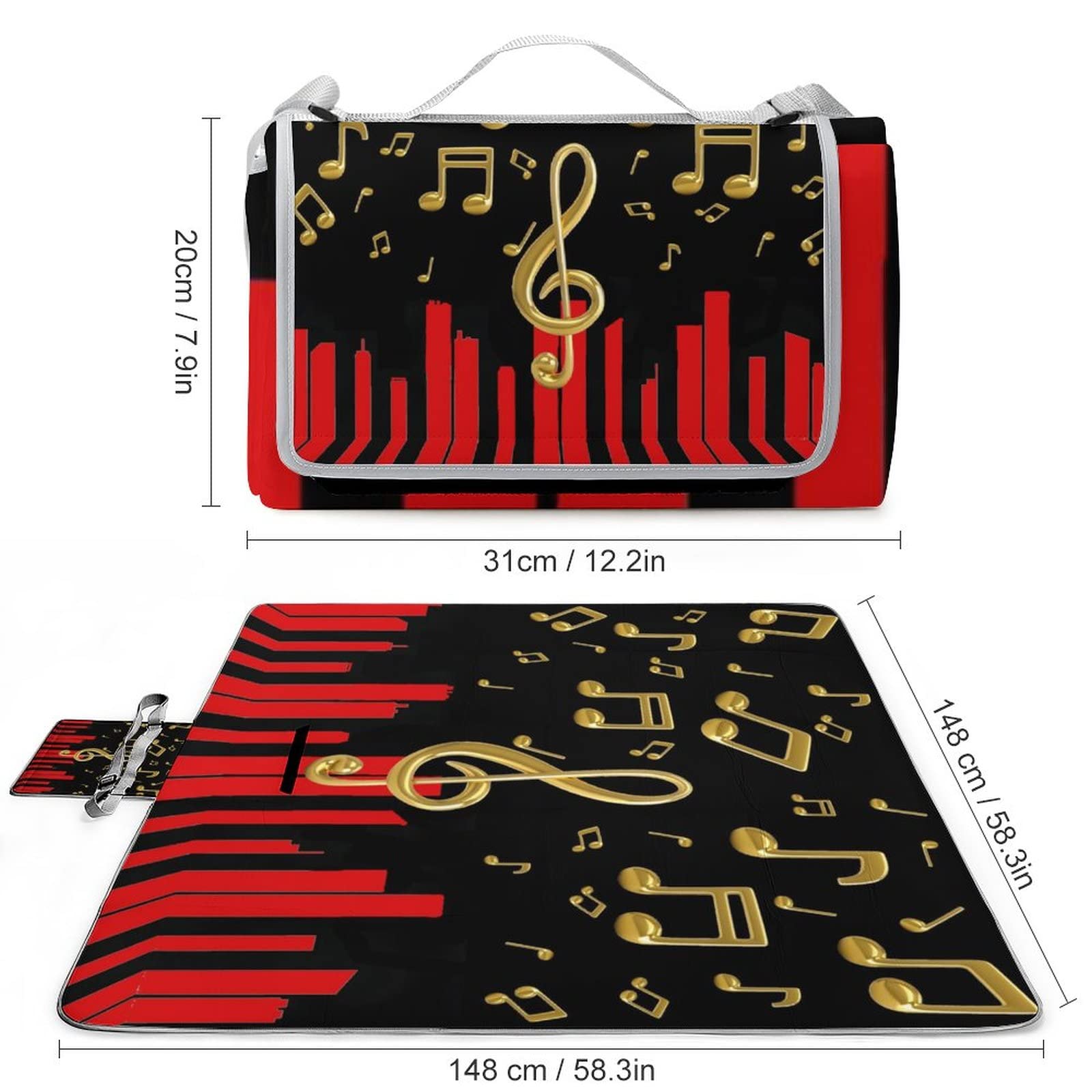 Kazynee Abstract Musical Red Piano Outdoor Picnic Blanket Keyboard Gold Symbol Music Theme for Outdoor Beach Hiking Camping on Grass Waterproof Sandproof 58.3x58.3 Inch