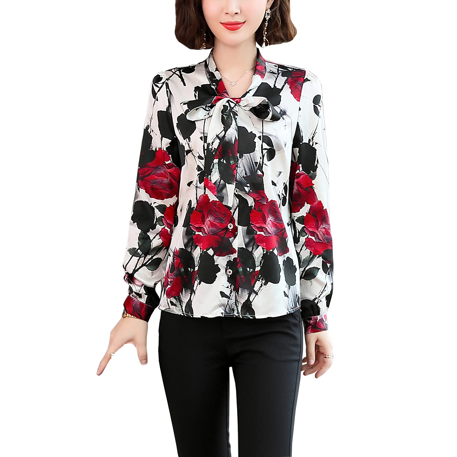 E-girl Blusa de seda para mujer con estampado de botones camisas blusa de manga larga corbata blusa de seda S1912-1