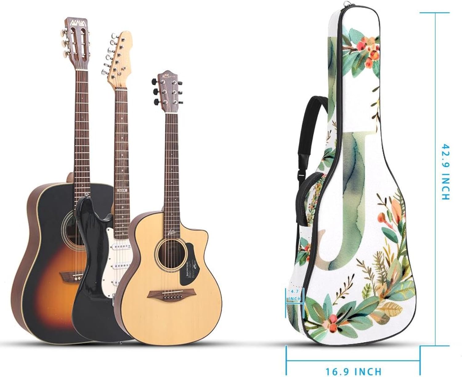 Letter J with Flowers Leaves Pattern Acoustic Guitar Gig Bag, 1 cm Thick Padding Waterproof Guitar Bag Backpack for 40 41 42 Inch Electric Bass Classical Guitars