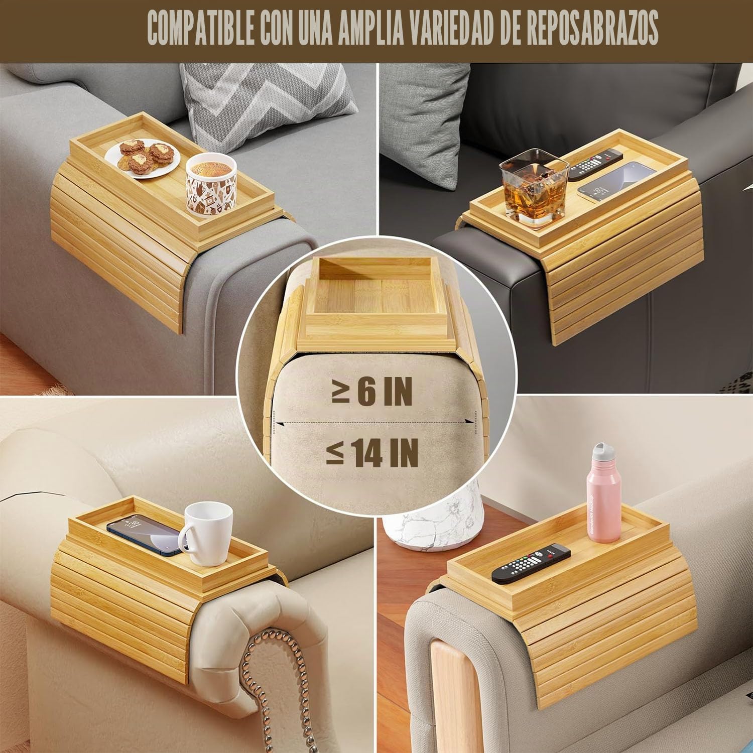 Bandeja para sofá, bandeja plegable de bambú, antideslizante, reposabrazos, mesa para aperitivos, tazas de teléfono móvil