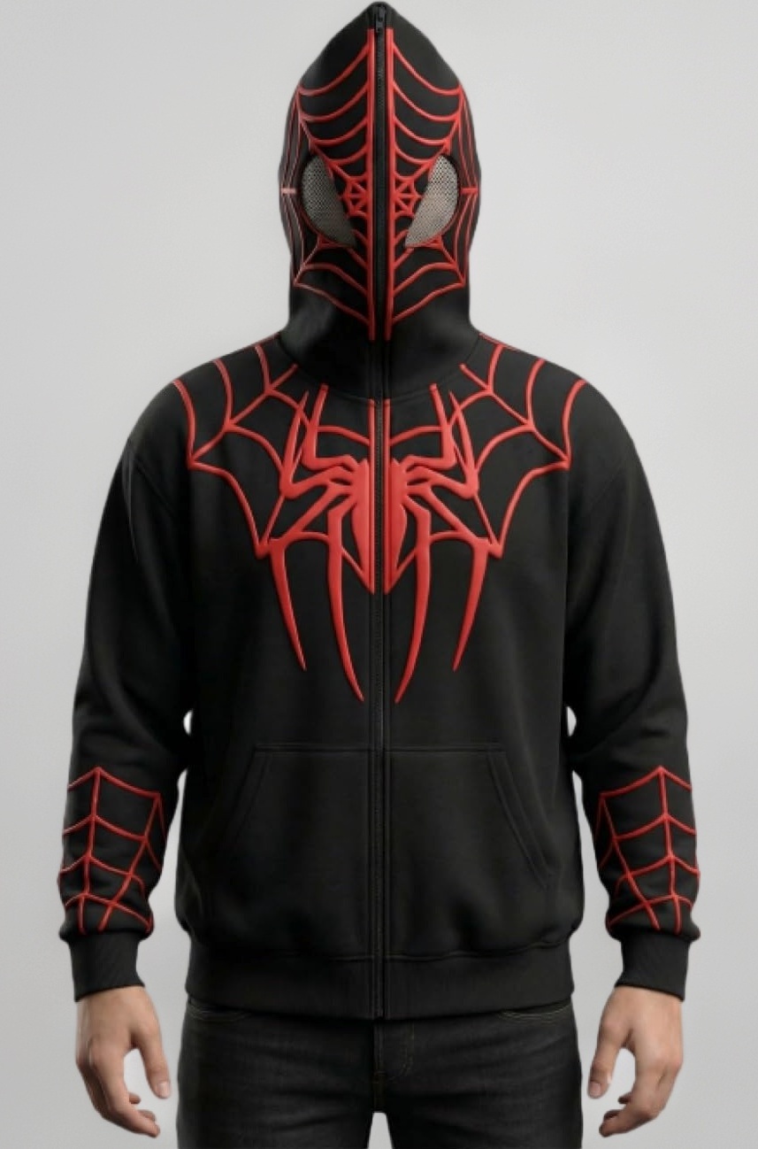 Stylish Trendy Web Pattern Black Zip Front Hoodie with Adjustable Hood for Everyday Winter Casual Outfit