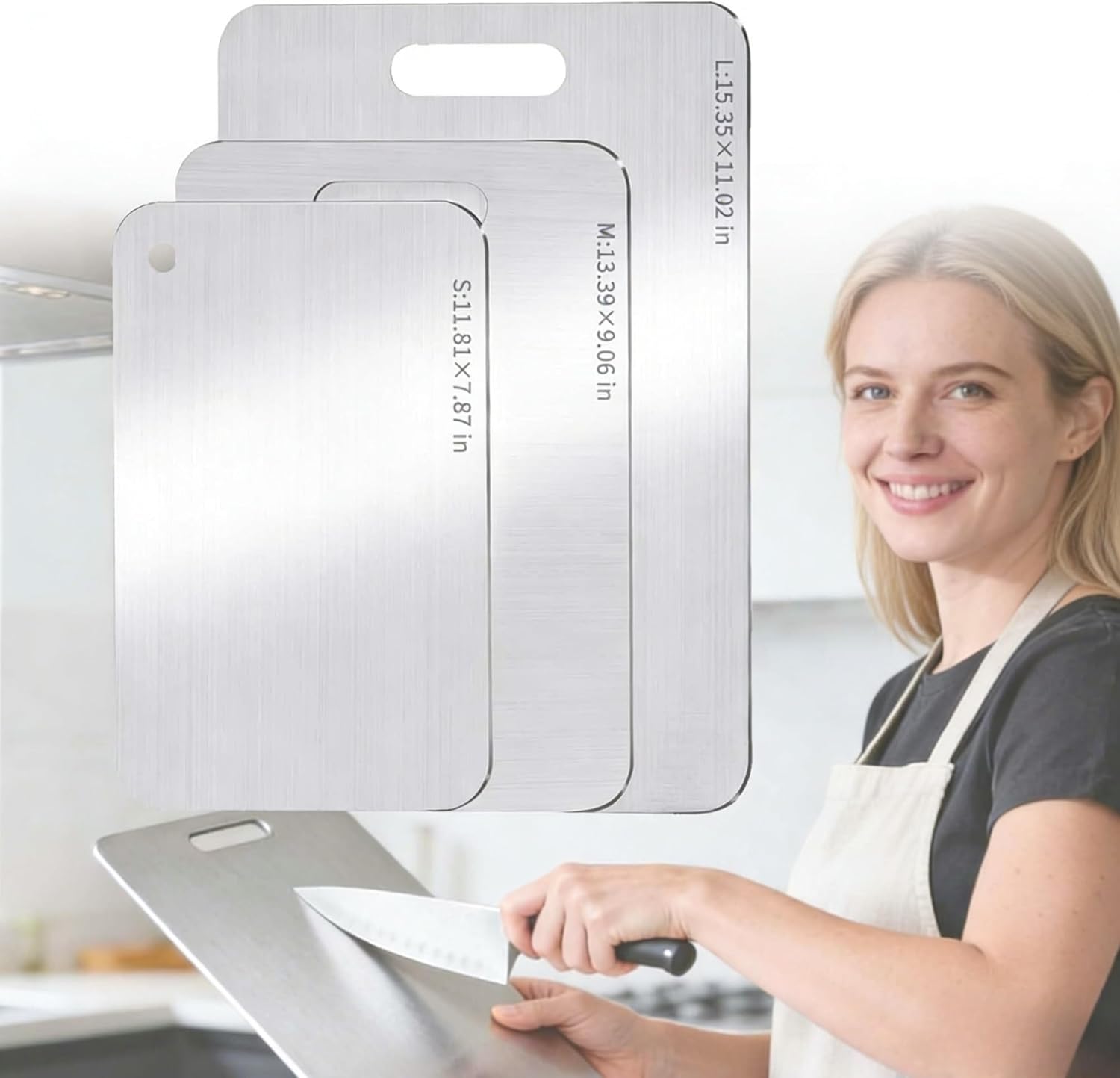 Titanium Cutting Board Set Double Sided, Food Grade Titanium Cutting with Handle, Knife Friendly Surface for Kitchen, Camping Cutting Board for Meat Vegetables Fruits (3 PCS)(15.35*11.02in)