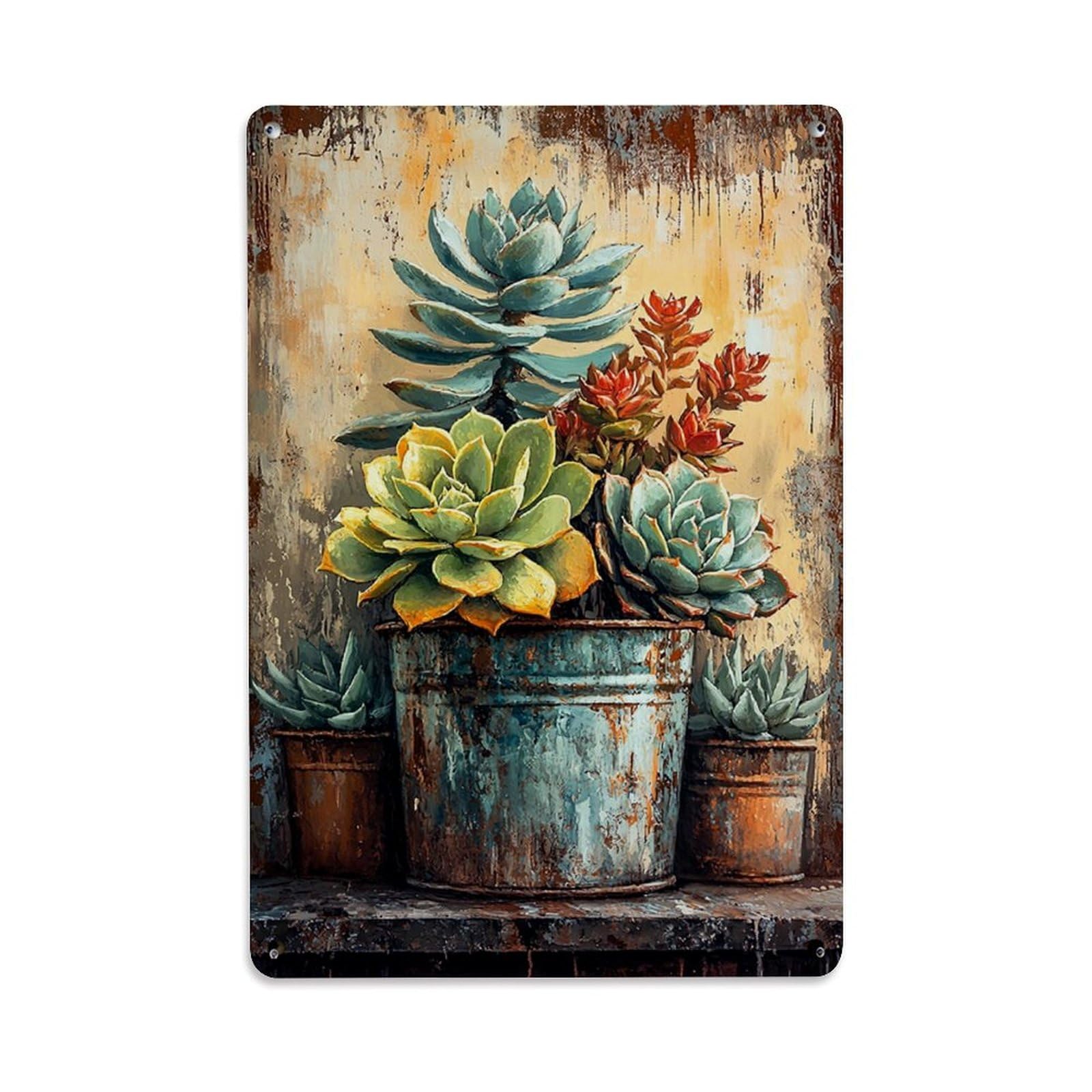 Nestemfo Vintage Rustic Succulent Garden Art Print Tin Sign Metal Sign, Living Room,Bar, Home, Bedroom Wall Decor,Retro Metal Poster 8X12 Inches