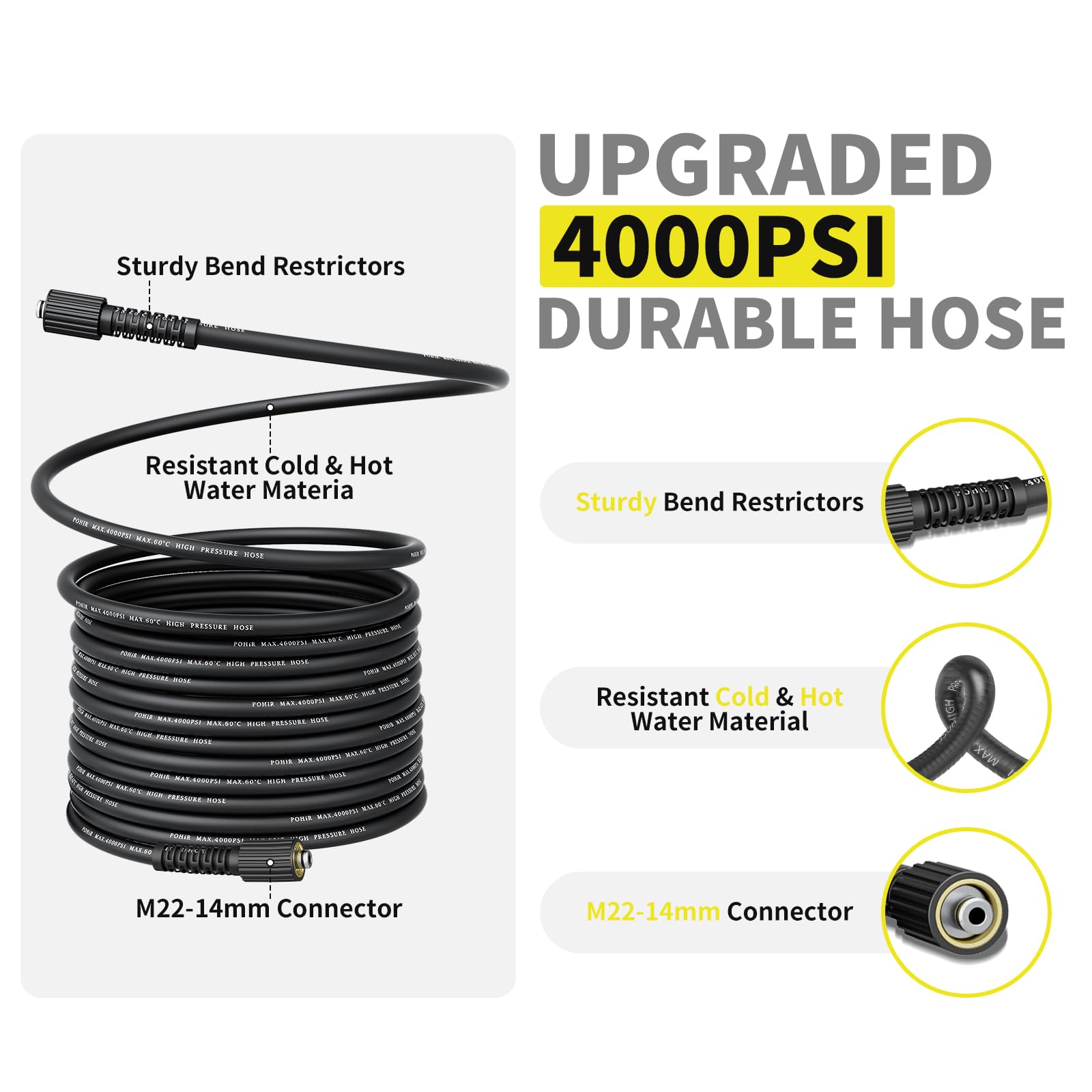 POHIR Pistola de lavado a presión de 5000 PSI y manguera de 50 pies, varita de extensión de 40 pulgadas de longitud ajustable, kit con enchufe giratorio de 3/8 pulgadas y ajuste M22-14/15 mm y 5