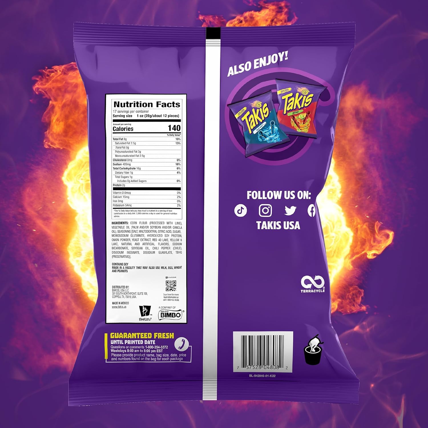 Bundle of Takis Fuego + Blue Heat (17 oz) Fiesta Size Bag, Hot Chili Pepper Flavored Extreme Spicy Rolled Tortilla Chips image 3
