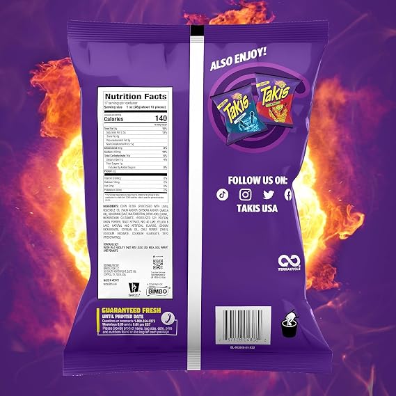 Bundle of Takis Fuego + Blue Heat (17 oz) Fiesta Size Bag, Hot Chili Pepper Flavored Extreme Spicy Rolled Tortilla Chips