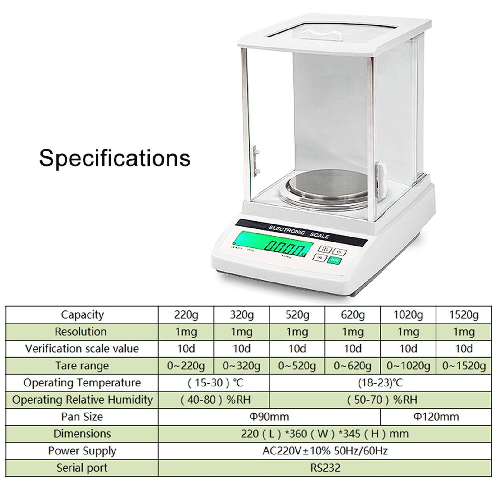 Bilancia da laboratorio Bilancia elettronica di precisione Laboratorio analitico Display LCD digitale Scientifico con parabrezza Pesatura accurata compatta per misurazioni di test scientifici (320 g/0