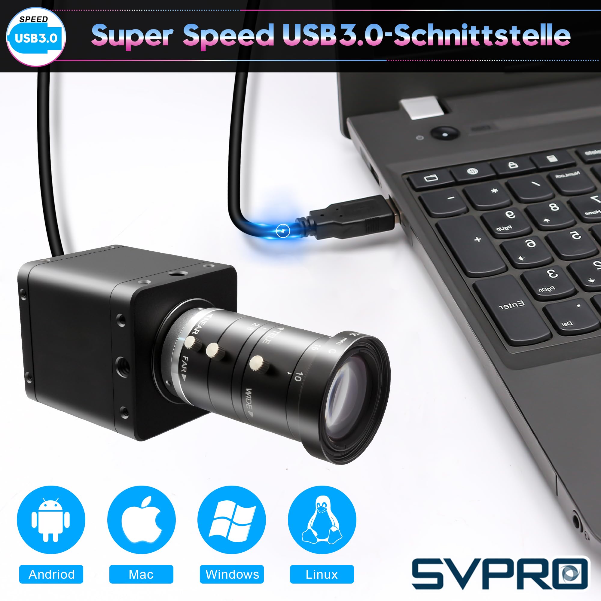 SVPRO Telecamera HDMI 4K 60FPS USB3.0, messa a fuoco manuale con obiettivo zoom 10-55mm, H.264 ad alta velocità UVC Lightburn telecamere per computer, compatibile per Windows, Mac, Linux, Android TV