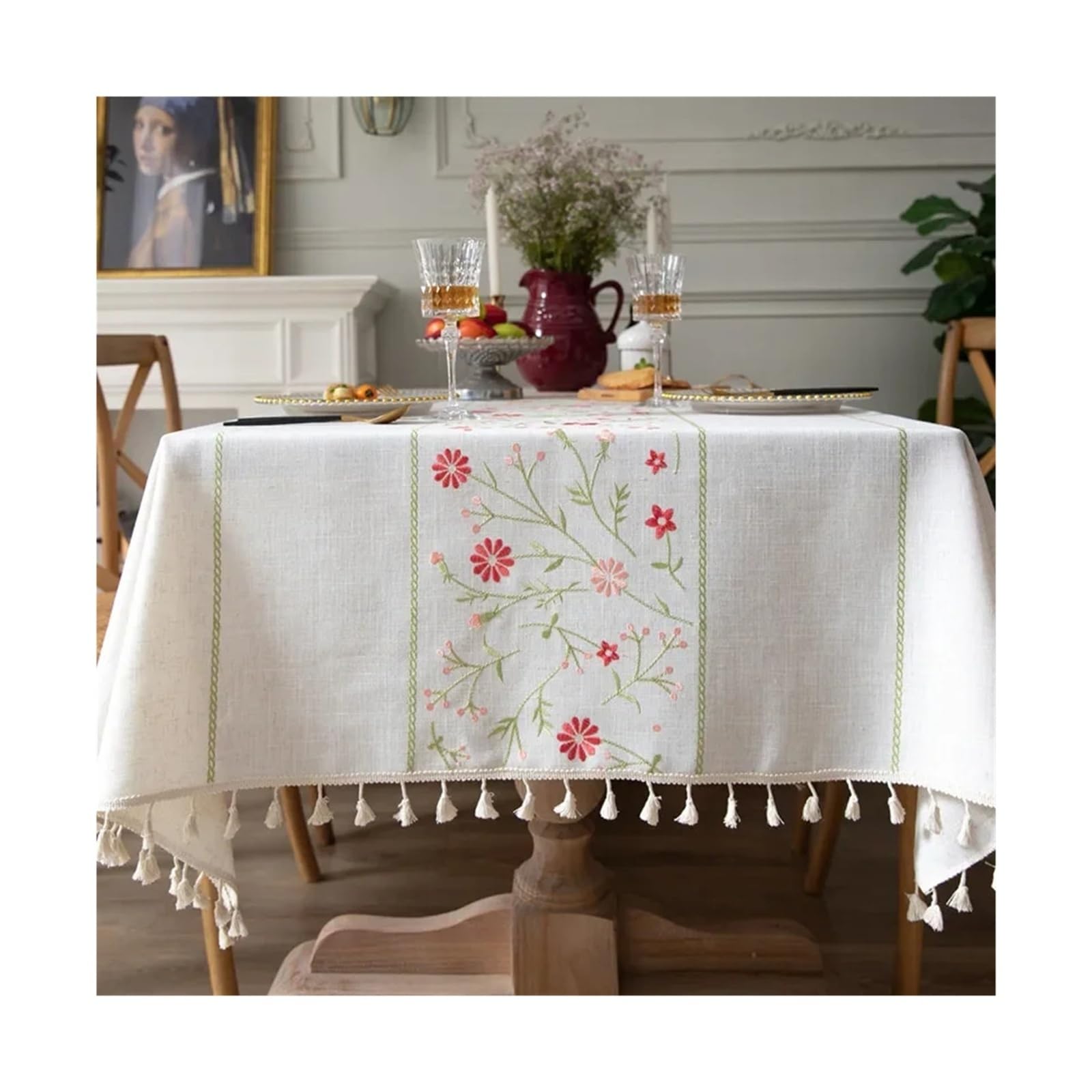 Manteles Bordados de Lino y algodón, rectangulares, a Prueba de Polvo, con Estampado Floral Bordado, for decoración de Fiestas.(Wisteria,140X220cm)