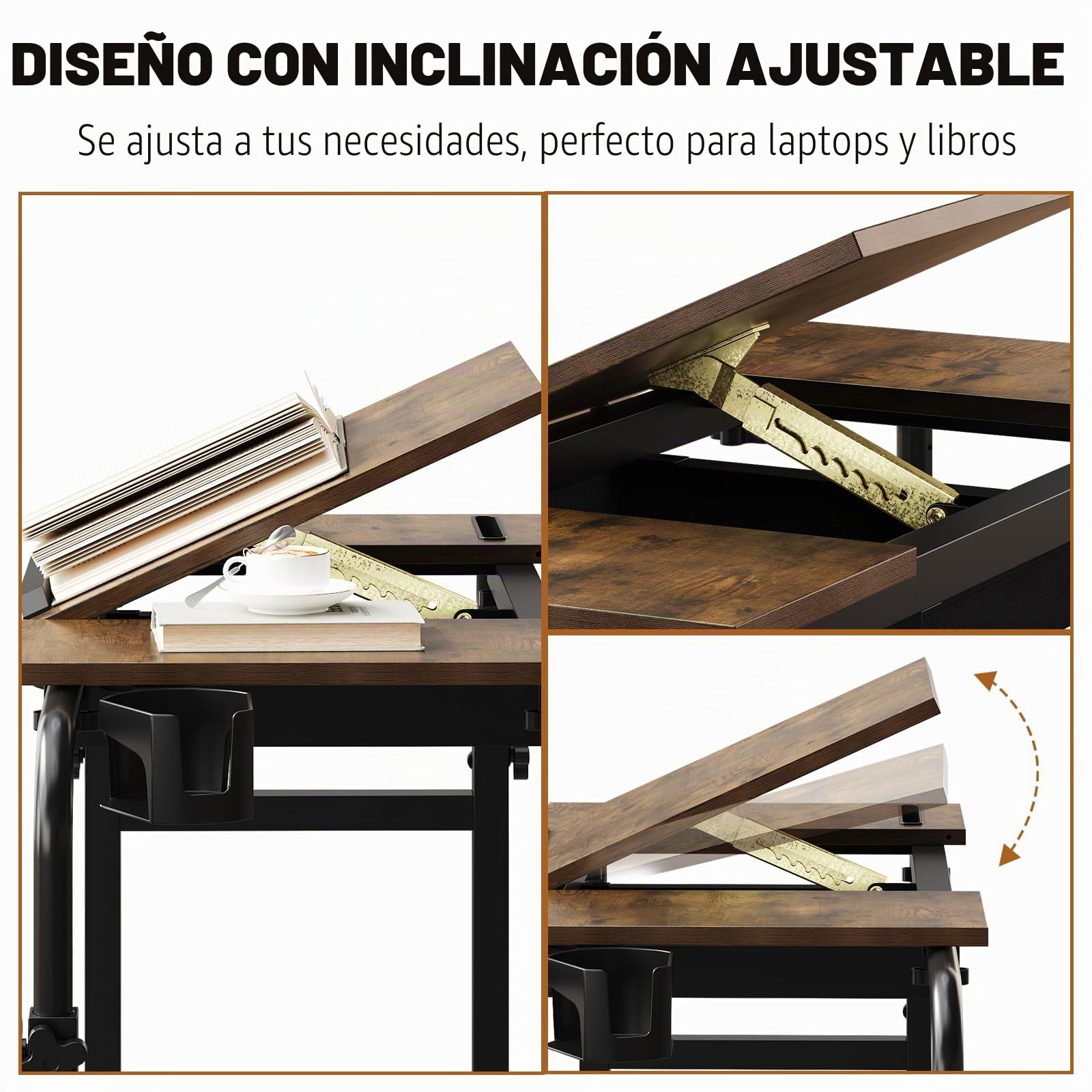 VEDECASA Mesa de cama plegable con ruedas, altura ajustable, mesa de cama para hospital y hogar, portátil, con estante para ordenador portátil, comida o libros (marrón)