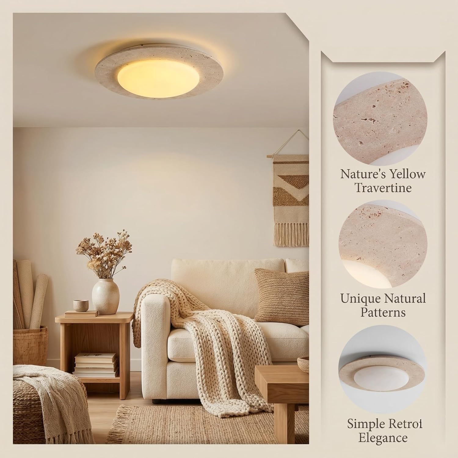 Dimmbare LED-Deckenleuchte Aus Travertin,Moderne Runde Deckenlampe Aus Naturstein Im Wabi-Sabi-Stil,Minimalistische Heimdekoration Beleuchtung Für Schlafzimmer,Wohnzimmer Und Flur(30CM)
