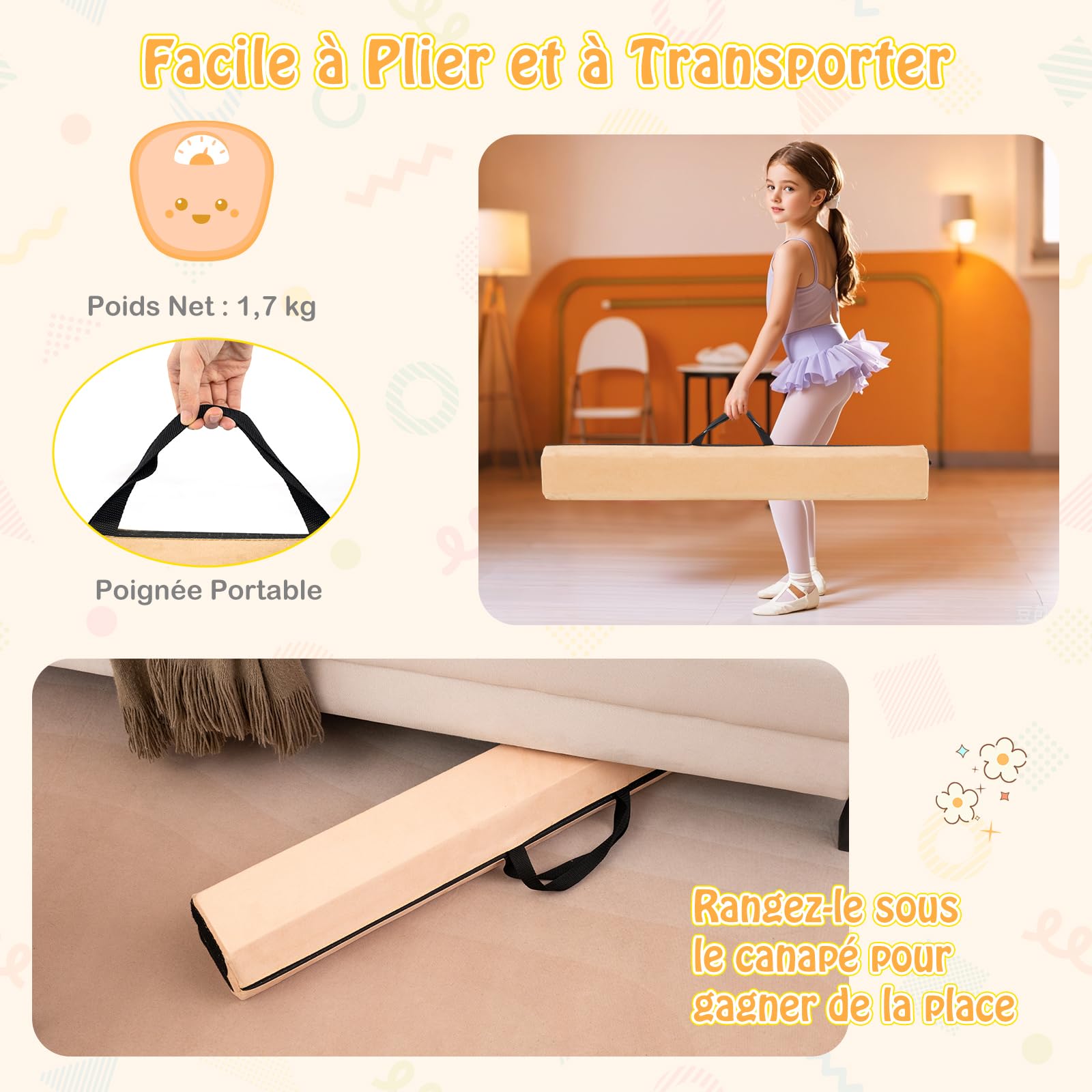 GOPLUS Poutre Gymnastique Pliable 210CM en Suède, Poutre d'Équilibre 15 Épaisseur avec Fond Antidérapant, Attaches Auto-Agrippantes, Poignée de Transport