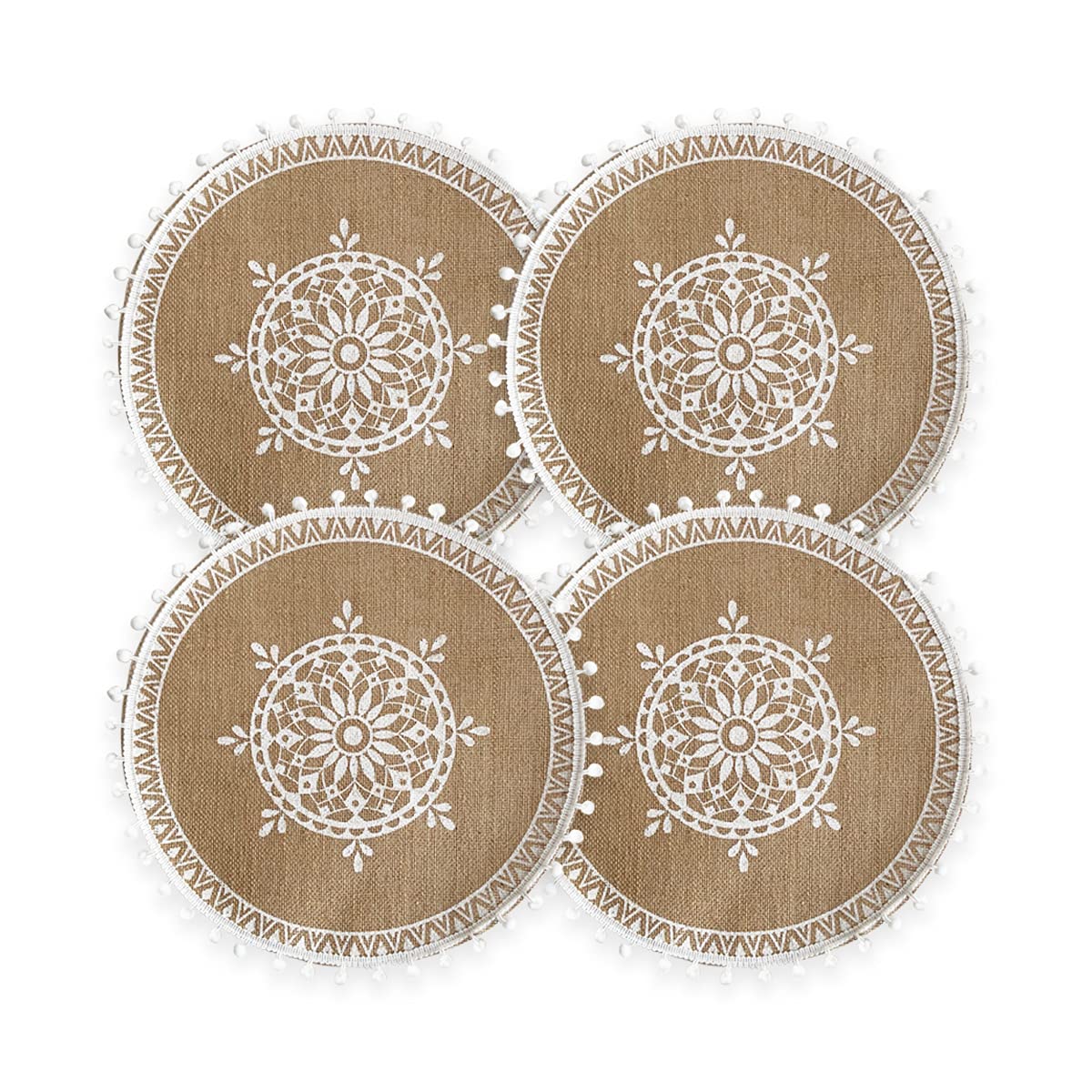 CcHhyyt Set of 4 Boho Woven Round Placemat Handmade Table Mats Woven Jute Tassel Mat Retro Table Decor Fringe Cotton Coffee Mat Waterproof Dining Mat Pompom Home Decor Bohemian Style (White Pompom)