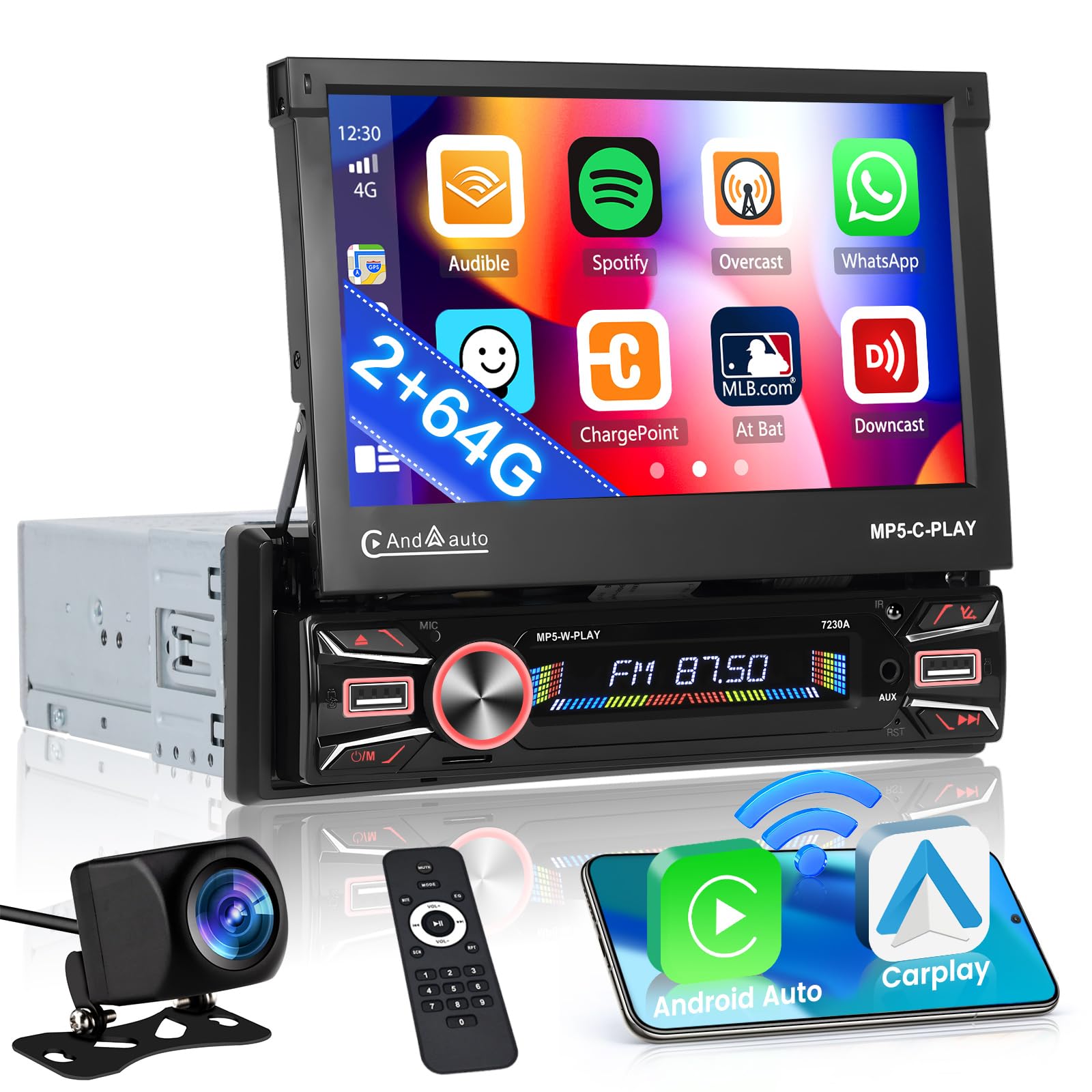 Radio de Coche 1 DIN Android 13 2G+64G Pantalla Táctil Plegable de 7 Pulgadas Autoradio Android con FM/RDS Radio USB GPS BT WiFi SWC Mic + Cámara de Visión Trasera