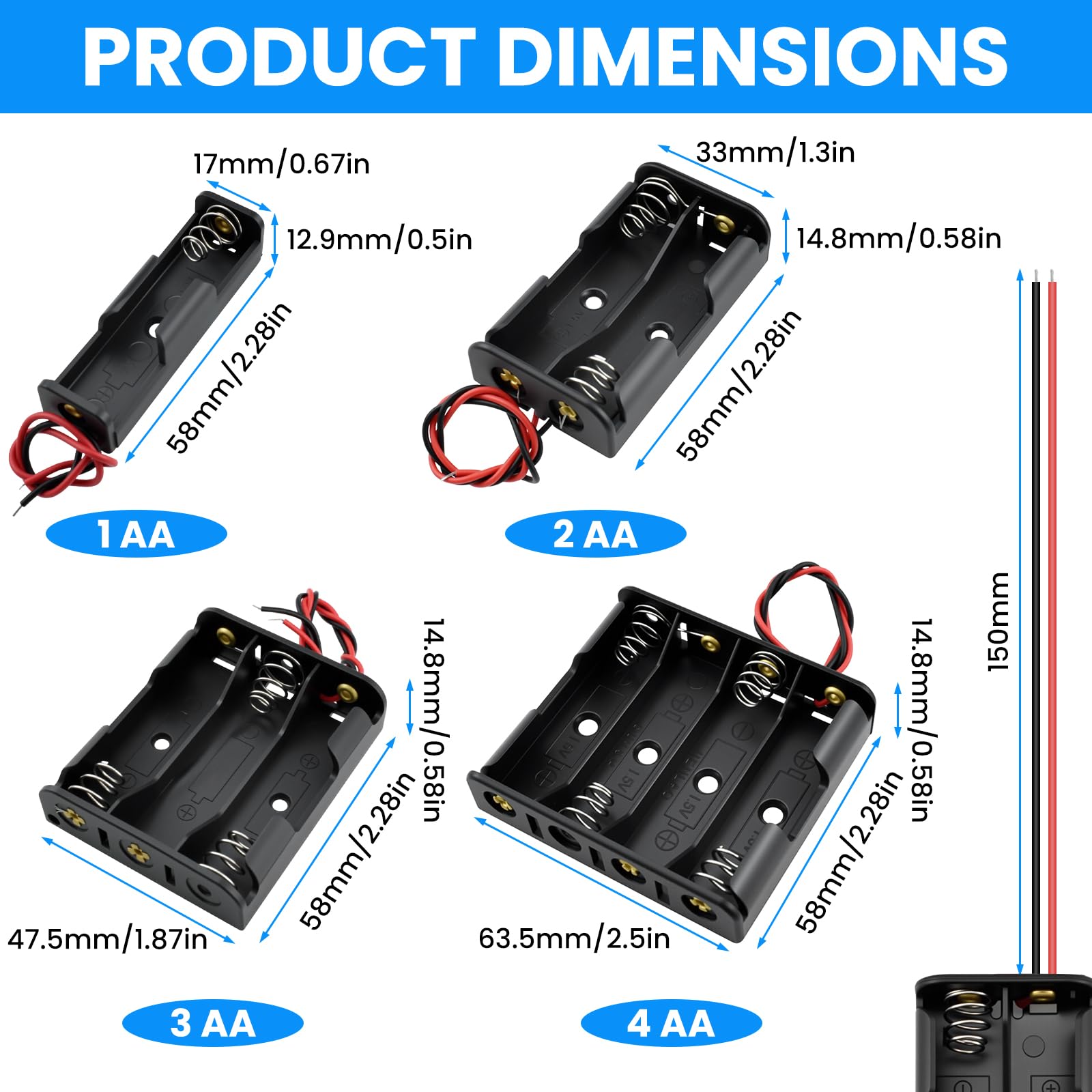 SDTC Tech - Juego de 4 soportes de batería AA con cables de alambre para experimentar circuito LED Arduino Project