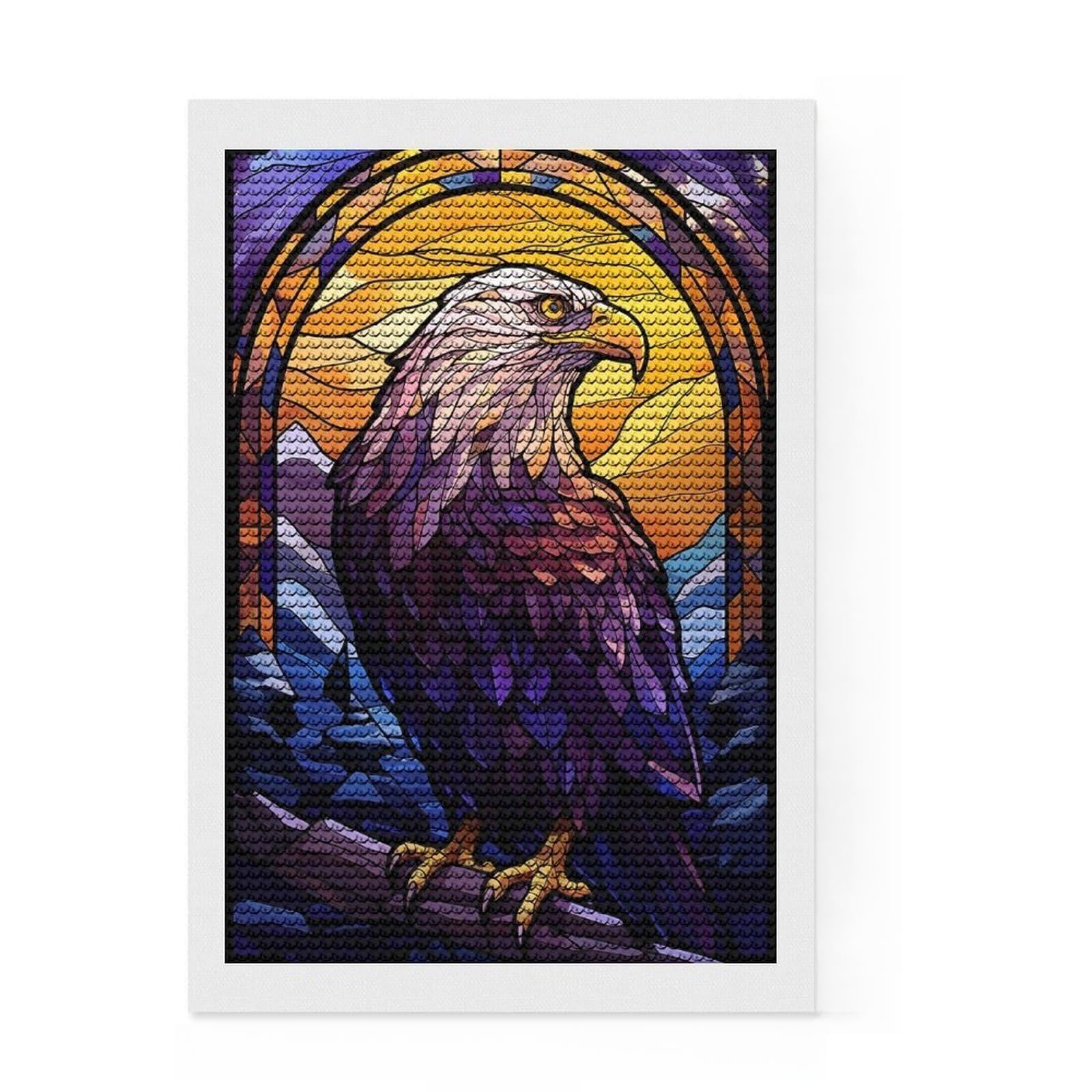 Junmoney Eagle Stained Glass 5D Diamond Painting Kit 8"x12", Round Gems, Sparkling Crystal Beads, Artistic Hobby, Farmhouse Decor