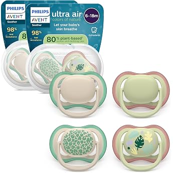 Philips AVENT Ultra Air Pacifier - Orthodontic Design for Babies 6-18 Months Soft Symmetrical Silicone Teat BPA-Free 2 Sterilisation Containers Pack of 4 SCF087/26
