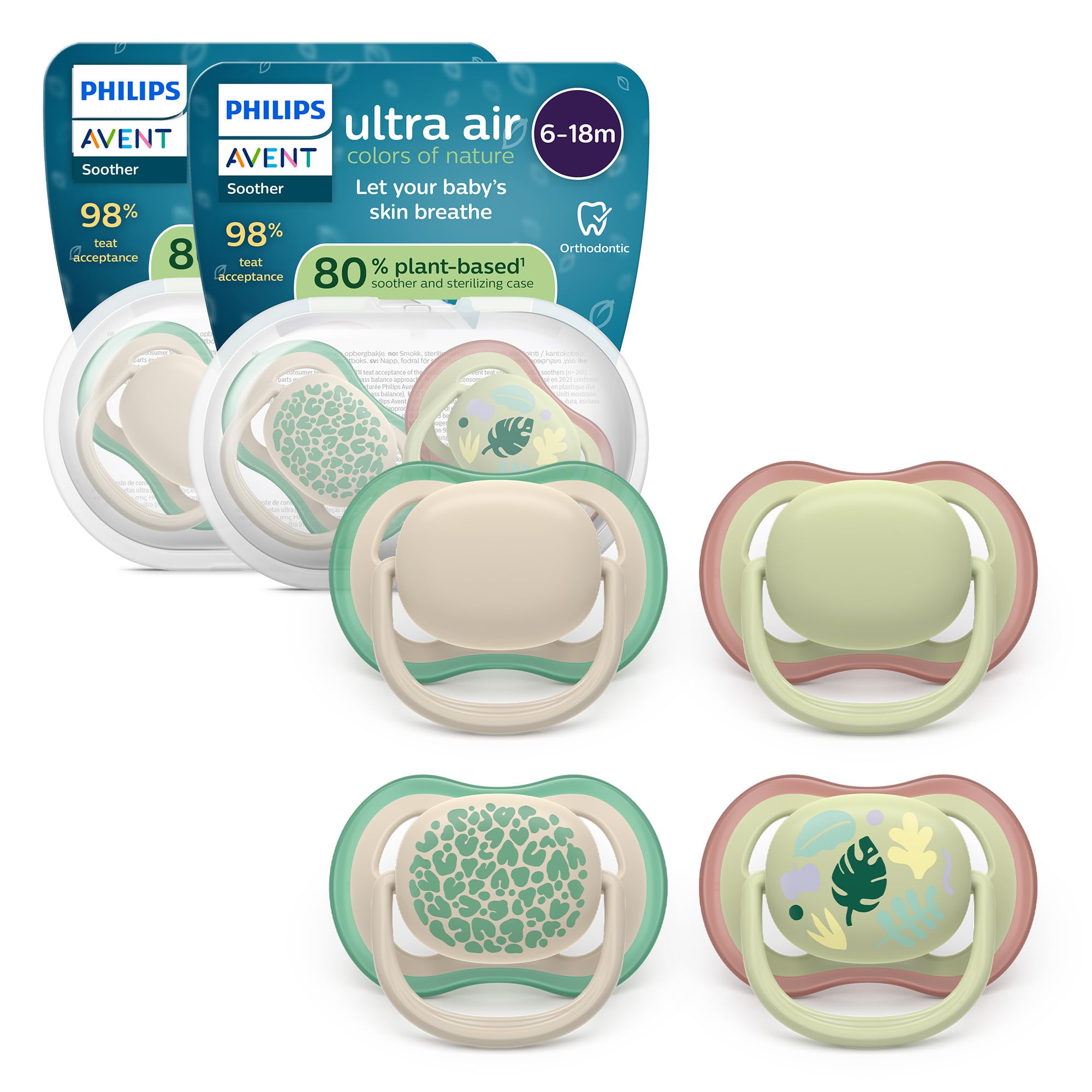 Philips Avent Ultra Start Ciuccio - Design ortodontico, per neonati 6-18 mesi, tettarella simmetrica in morbido silicone, senza BPA, 2 custodie per la sterilizzazione, confezione da 4, SCF087/26