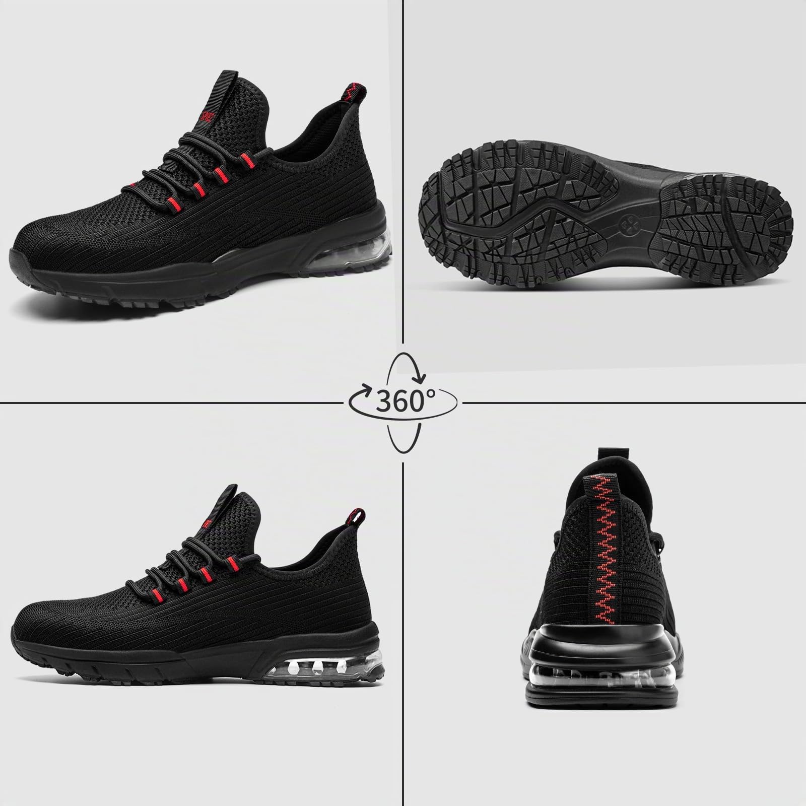 SPIEZ Zapatos de Seguridad para Hombre y Mujer, Zapatillas de Trabajo Ligeras con Puntera Composite, Antideslizantes y con Amortiguación de Aire, Negro/Rojo, EU 36-46