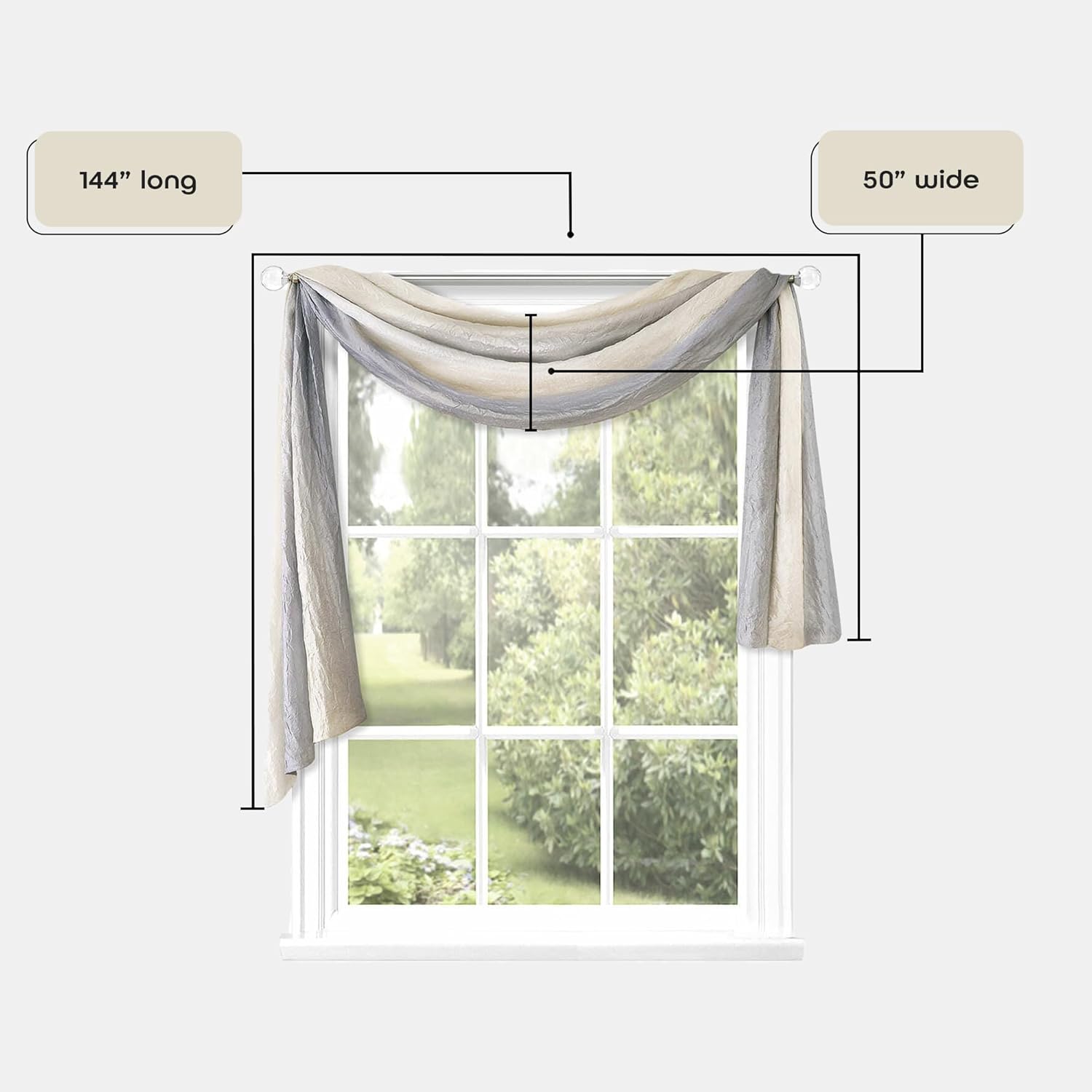 ACHIM Ombre Light Filtering Window Curtain Scarf - 50 Inch Width, 144 Inch Length - Grey - Ultra-Soft Fabric with Vertical Variegated Design - Machine Washable Home Decor