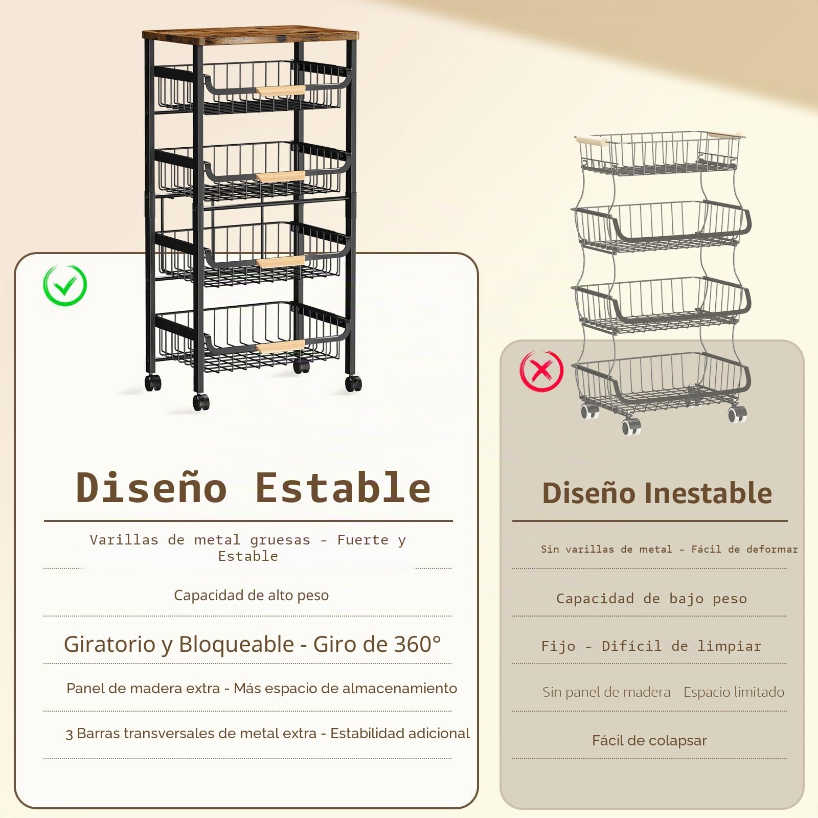 Carrito de Cocina 5 Niveles con Tabla y Ruedas con Bloqueo | Estante Móvil para Verduras y Provisiones, con Ruedas Giratorias Carrito de Servicio Móvil para Cocina, Despensa