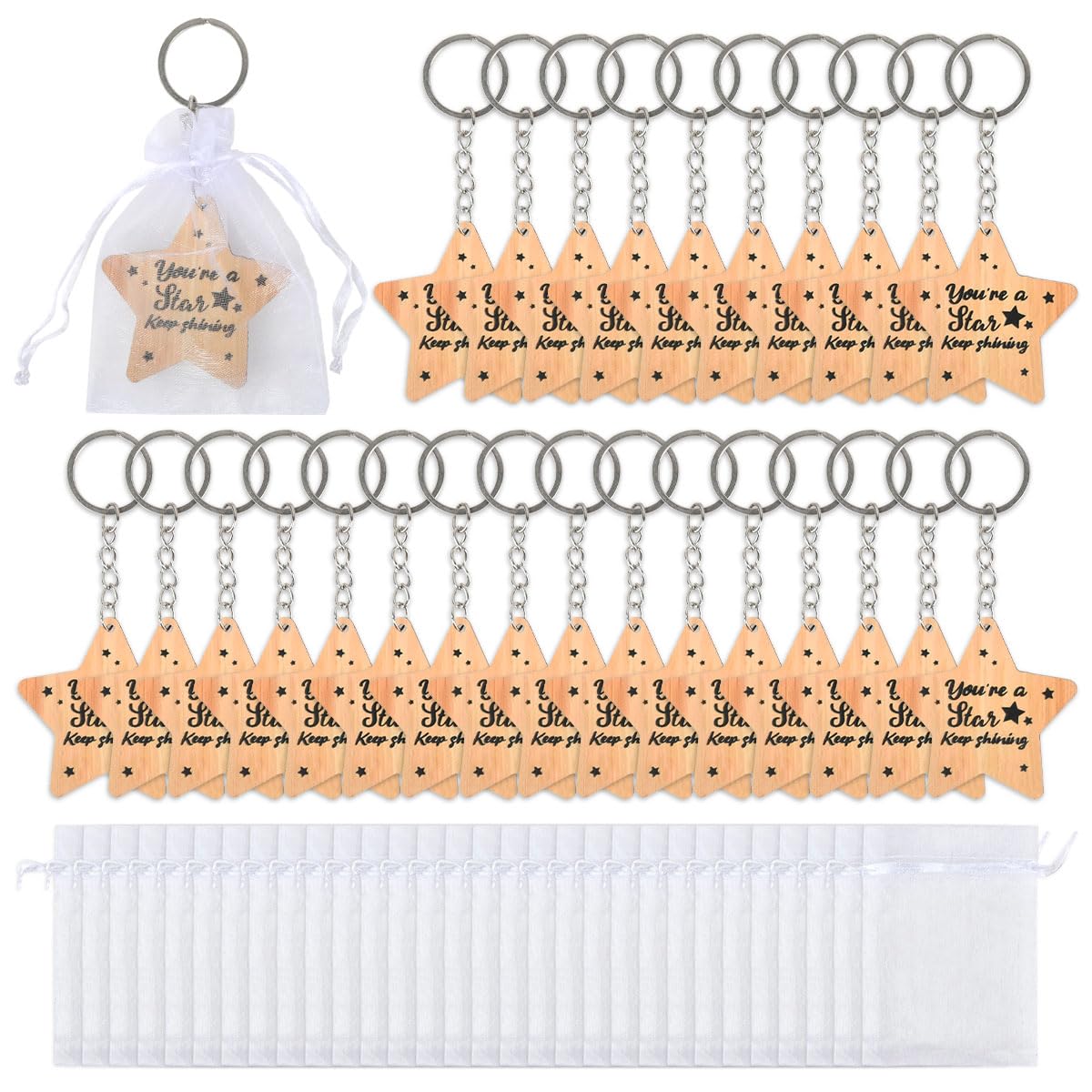 EMNIMQ 30 Sets Star Keyrings School Motivational Leaver Gifts 2025 End of Term Gifts Graduation Wooden Star Keyring with Eugenian cotton bag for School Leavers Students & Pupil,Teachers