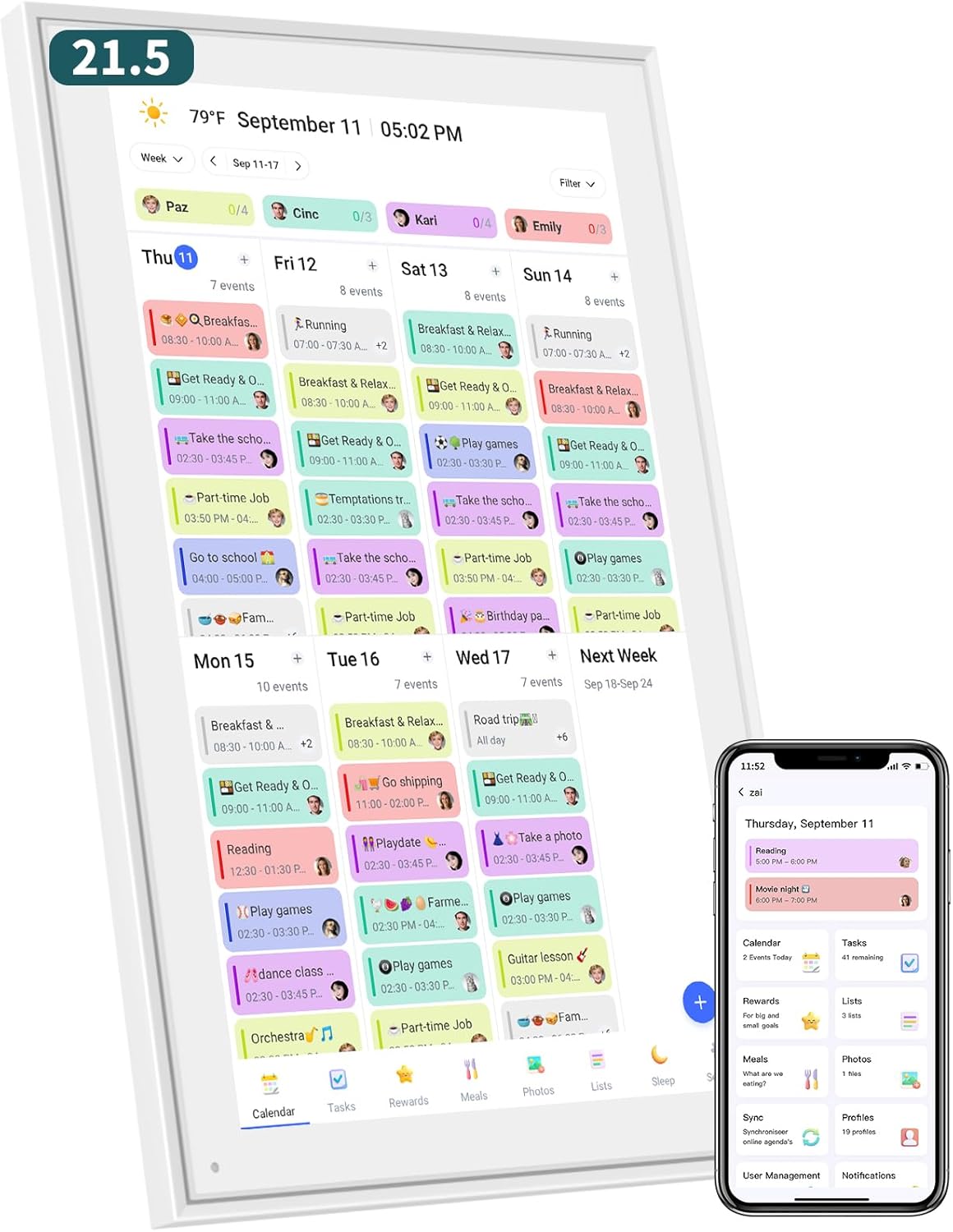 21.5 Inch Smart Digital Calendar – Electronic Chore Chart & Planner with 1920x1080P IPS Touchscreen, Weekly/Monthly Family Organizer for Wall or Desk, White 2025 New Version 21.5-white