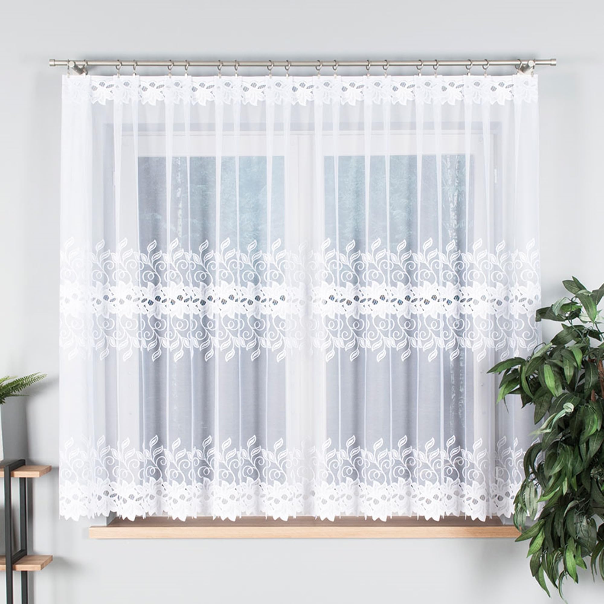 Weiß 600x180 cm (BxH) Milton Jacquard Kurz Lang Vorhänge mit Kräuselband Wohnzimmer Gardinenschals Schlafzimmer Küchenvorhang Blumen Motiv