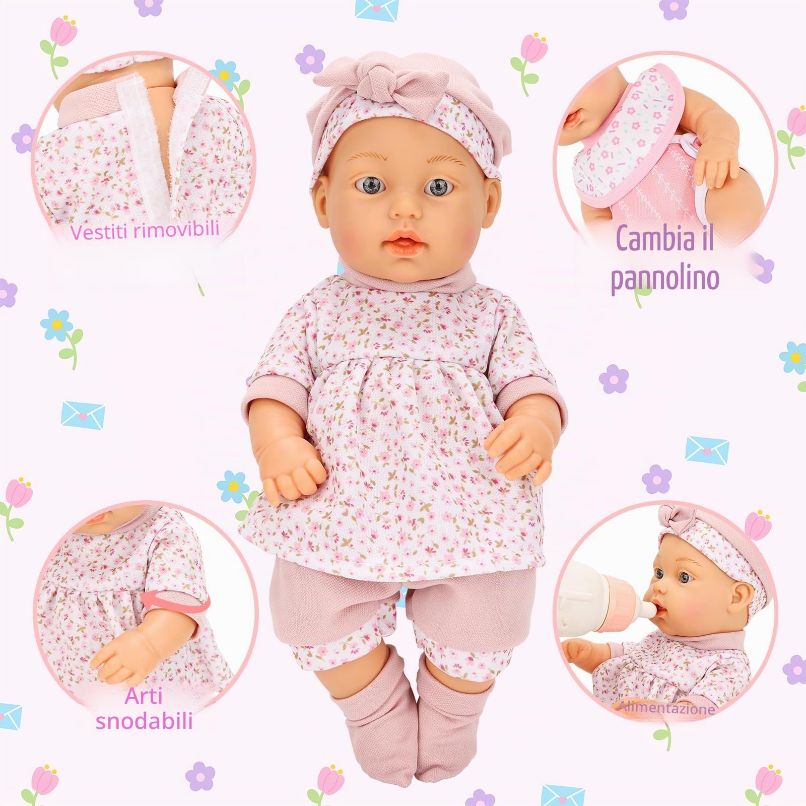 Miunana 1 Bambola Bambolotto New Born 30 CM 12 Pollici + Accessori | Bambola + Cappello + Vestito + Calze + Tasca + Pantaloncino + Bambola Calmante + Coperta + Cesto Da Letto + 4 Accessori