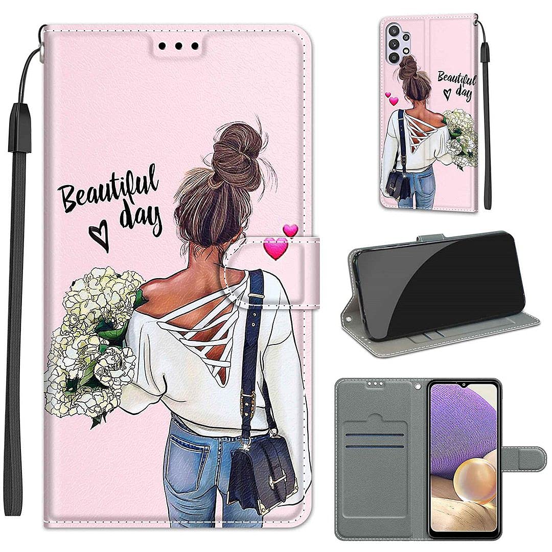 SATURCASE Case for Samsung Galaxy A32 5G, Beautiful PU Leather Flip Magnet Wallet Stand Card Slots Hand Strap Protective Cover for Samsung Galaxy A32 5G (DY-19)