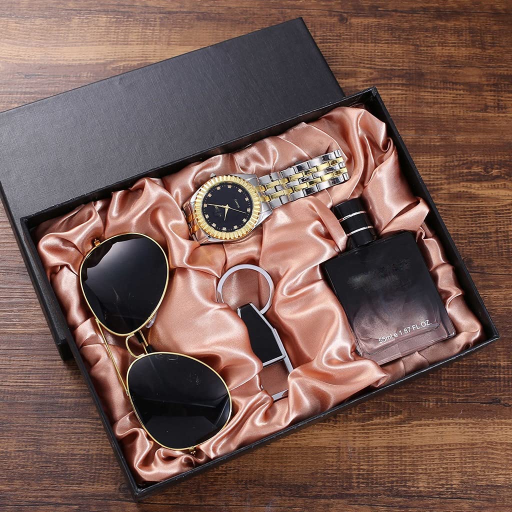 HMTE Fashion Trend Set Regalo Tutto-fiammifero Occhiali + Orologio al Quarzo con Cinturino in Acciaio + Bottiglia di Profumo + Portachiavi (4 Pezzi/Set)