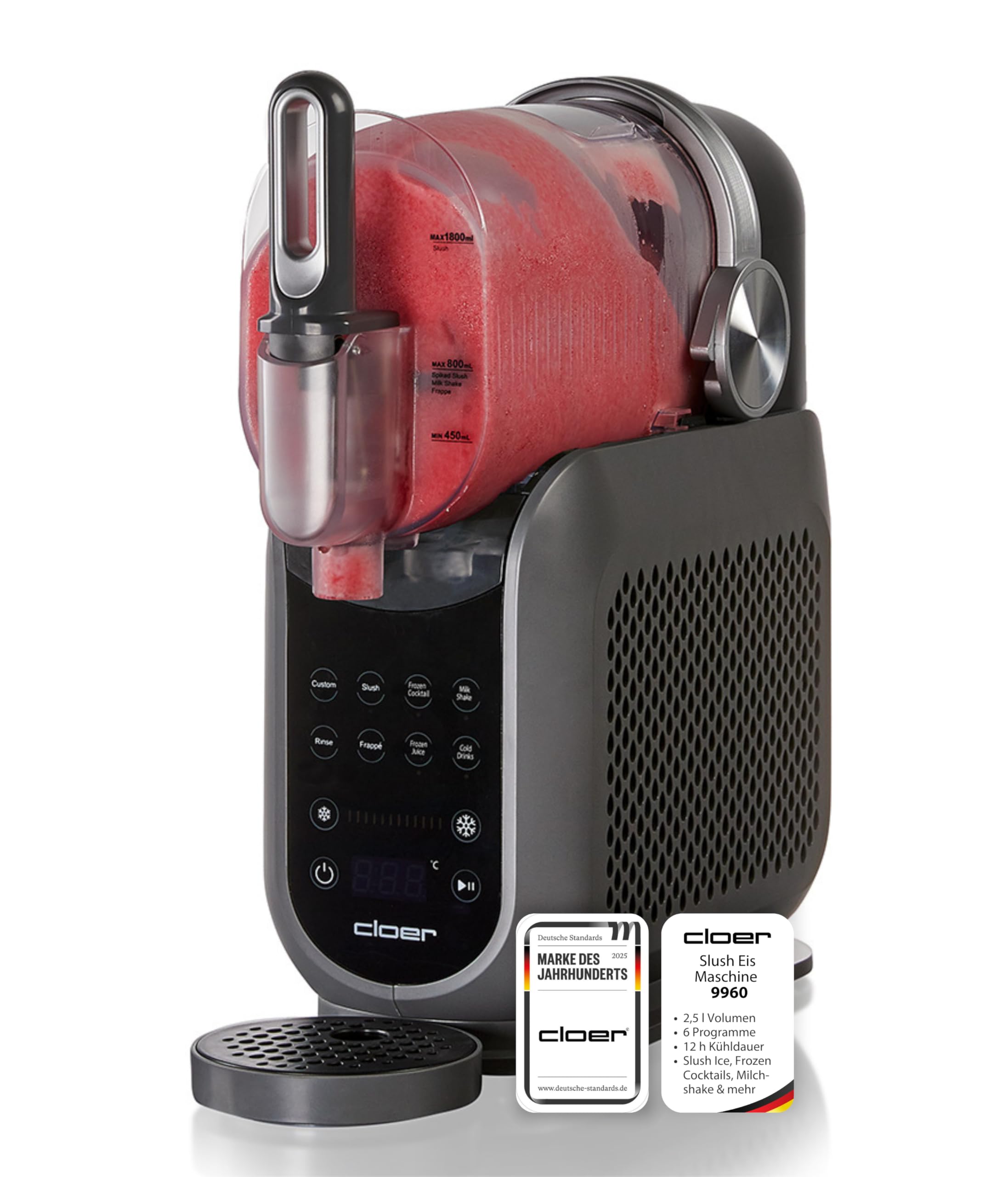 Cloer 9960 Macchina per granite fino a 2,5 litri, 6 programmi, Slush Ice, frozen cocktail, milkshake, frappé succhi, ghiacciati bevande fredde, regolazione individuale, facile pulizia, timer 12h